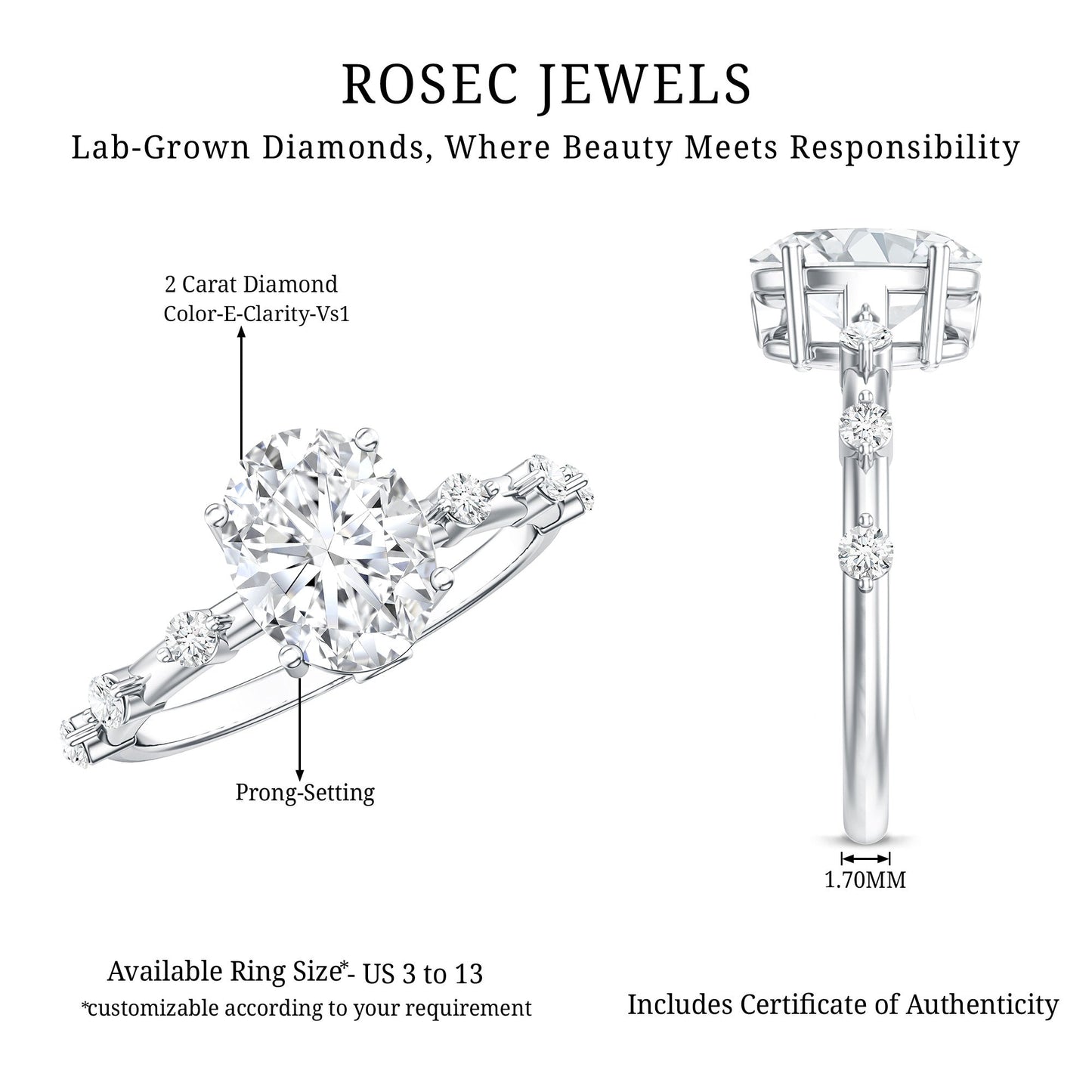 IGI Certified 2 Carat Lab Grown Diamond Oval Engagement Ring with Spaced Accent