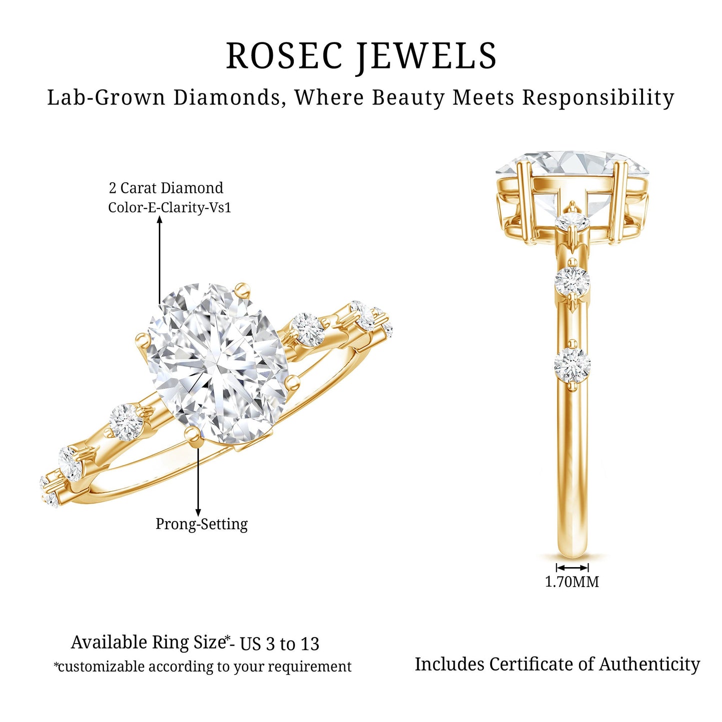 IGI Certified 2 Carat Lab Grown Diamond Oval Engagement Ring with Spaced Accent