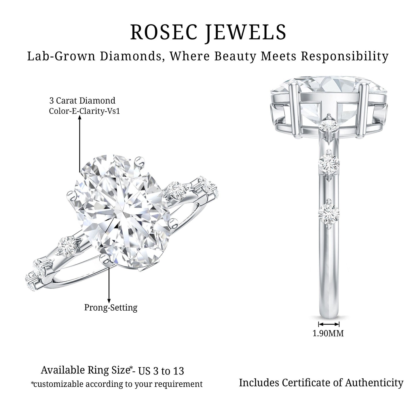 3 Carat Oval Lab Grown Diamond Solitaire Engagement Ring with IGI Certificate