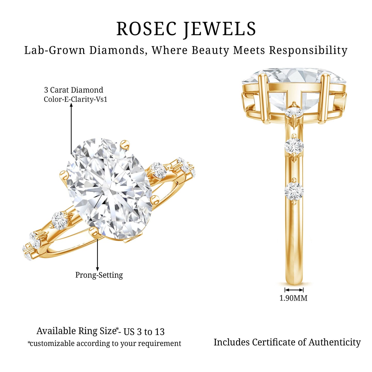 3 Carat Oval Lab Grown Diamond Solitaire Engagement Ring with IGI Certificate