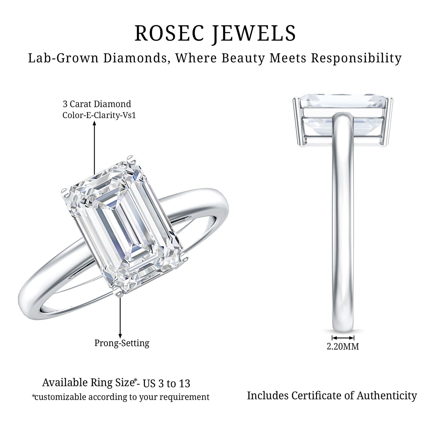 IGI Certified Emerald Cut Lab Grown Diamond 3 Carat Engagement Ring