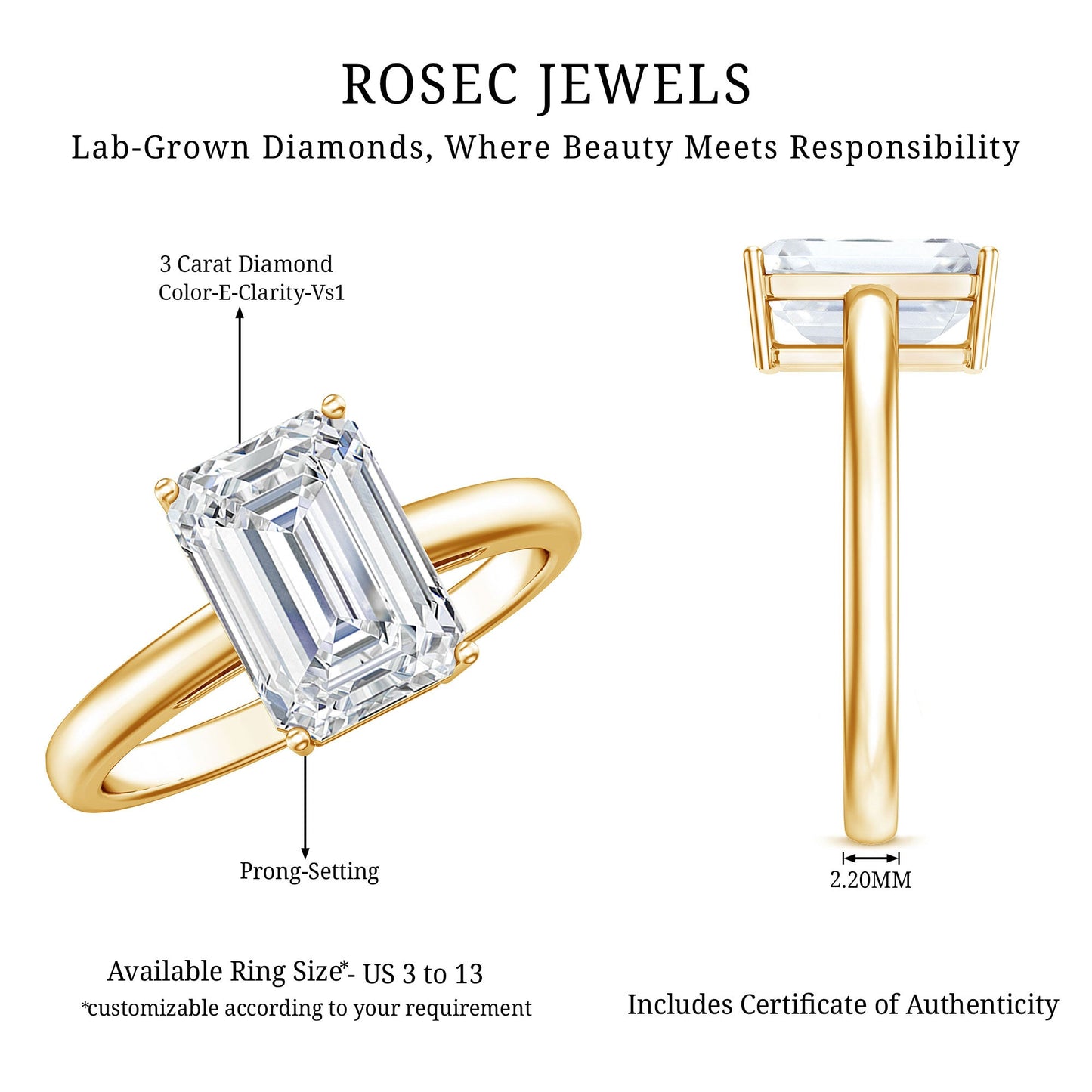 IGI Certified Emerald Cut Lab Grown Diamond 3 Carat Engagement Ring