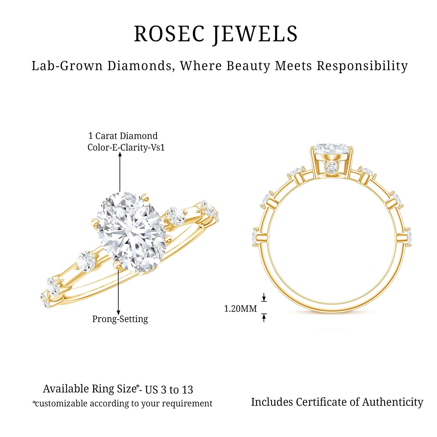 IGI Certified 1 Carat Oval Lab Grown Diamond Engagement Ring with Spaced Accent