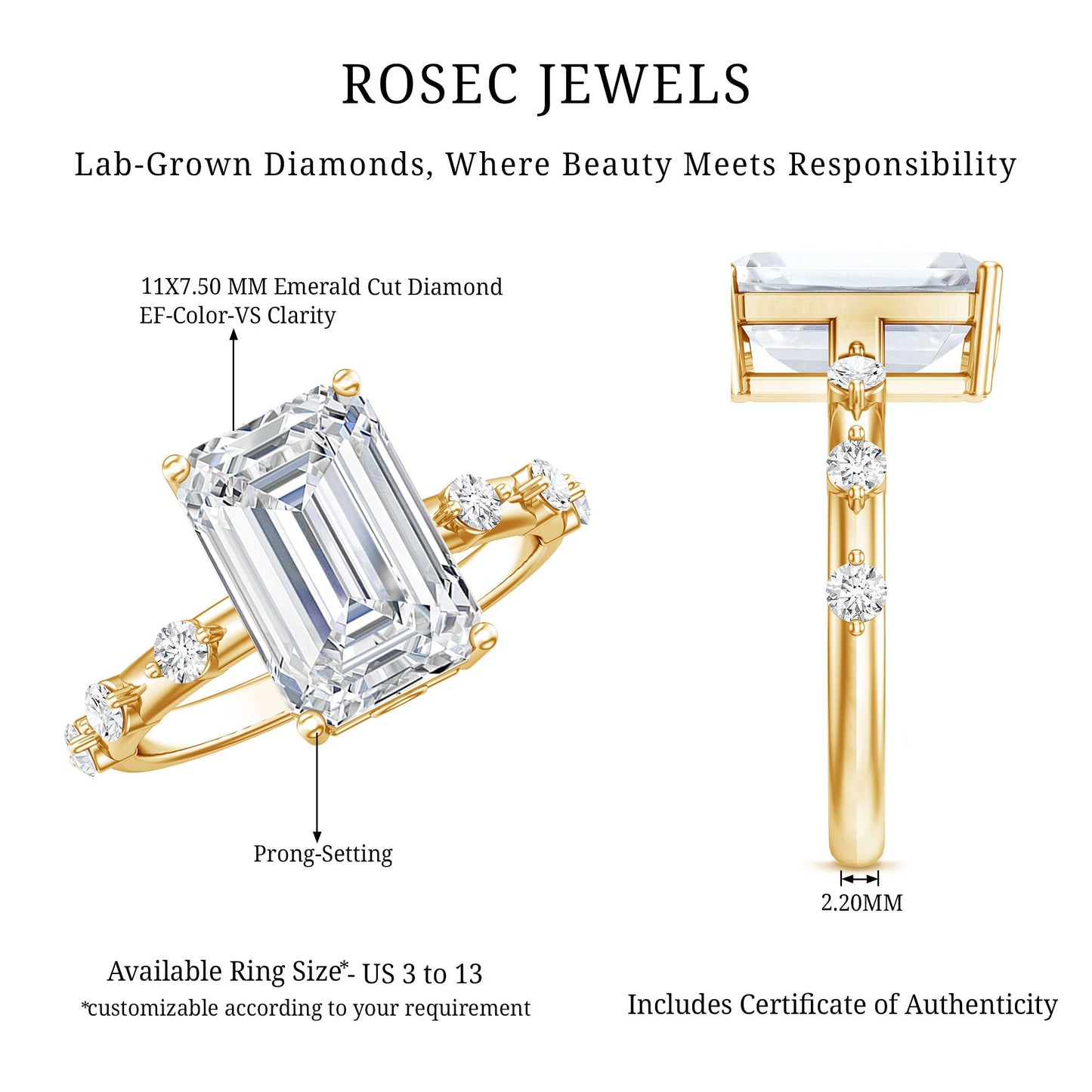 IGI Certified 3 Carat Emerald Cut Lab Grown Diamond Engagement Ring