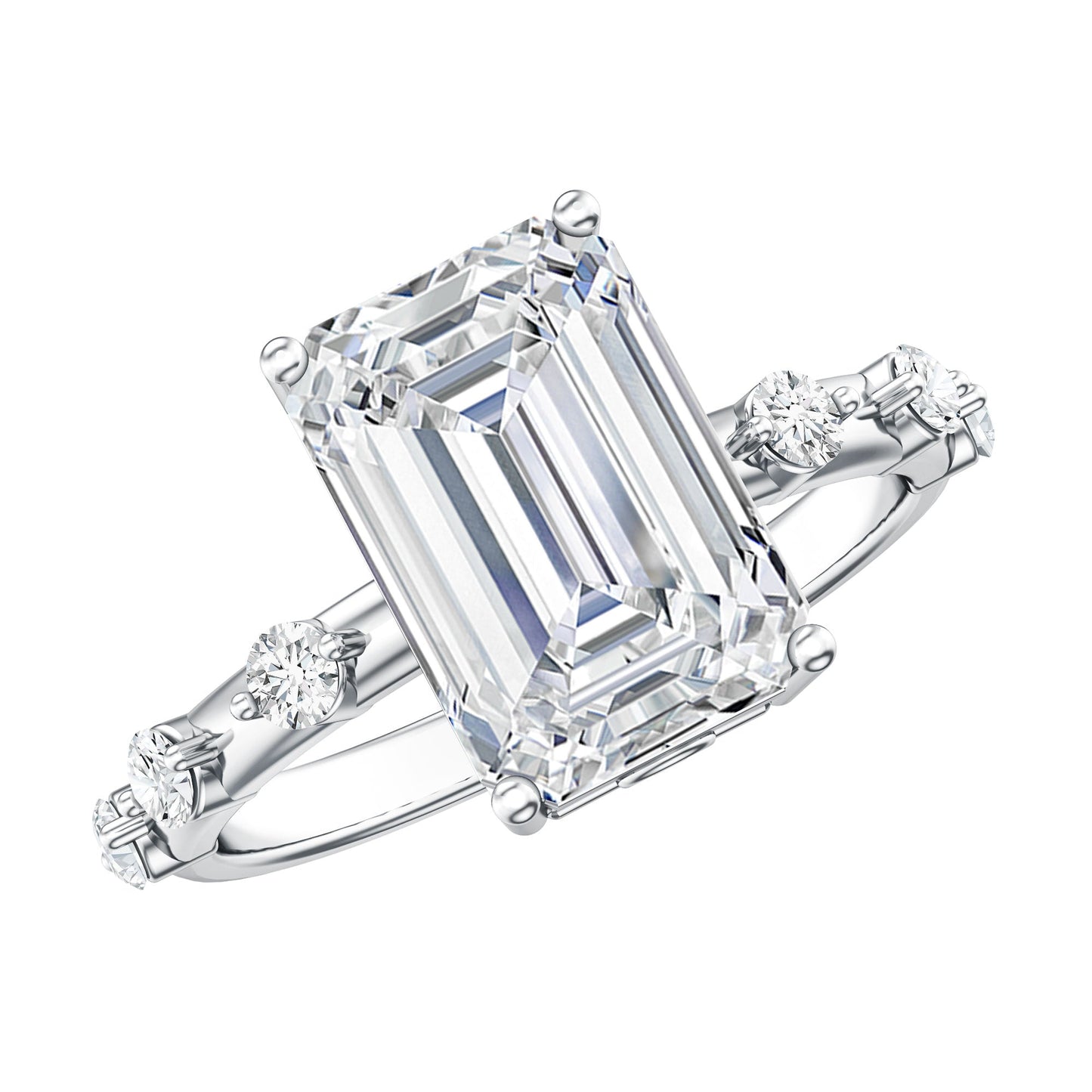 IGI Certified 4 Carat Lab Grown Emerald Cut Diamond Engagement Ring with Spaced Accent