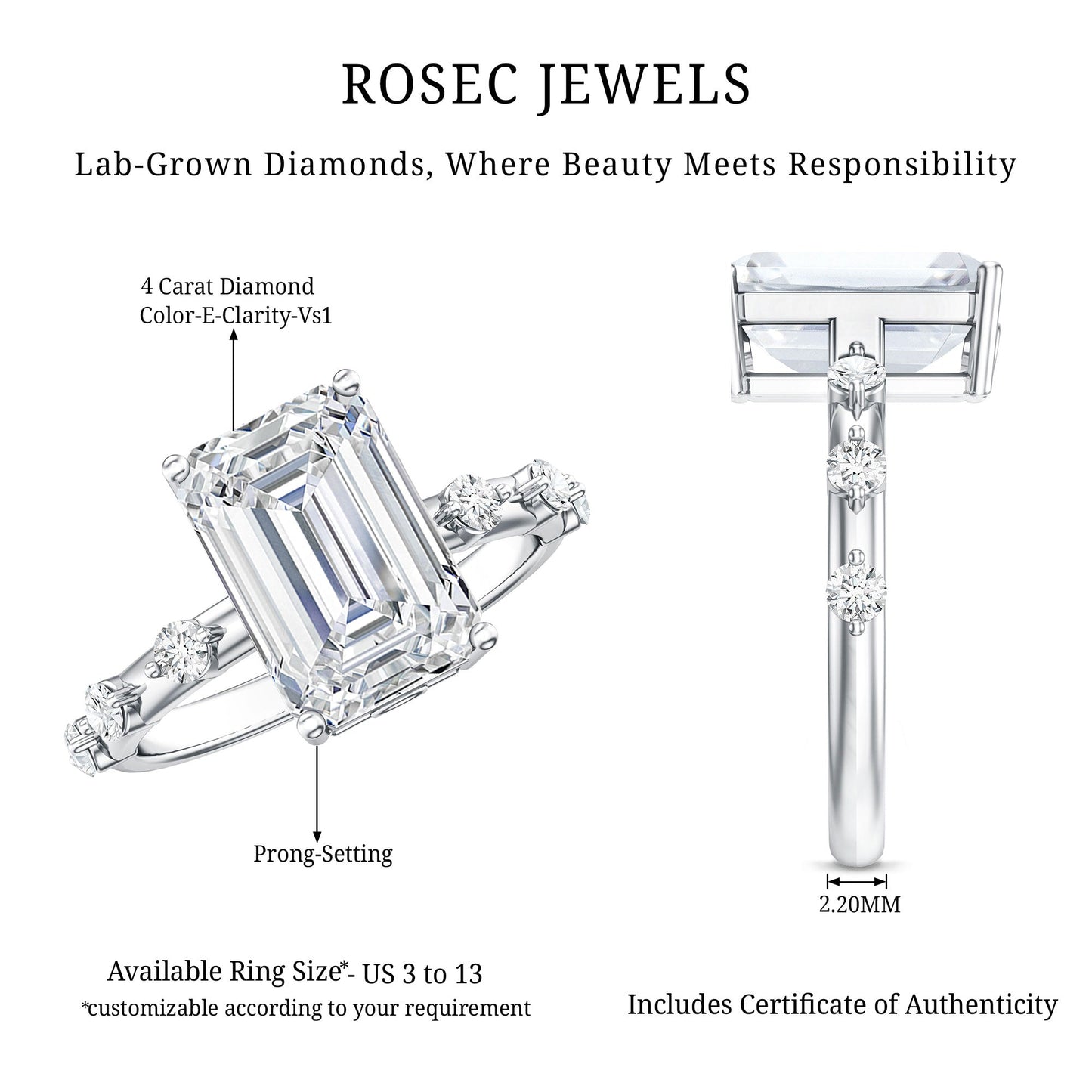IGI Certified 4 Carat Lab Grown Emerald Cut Diamond Engagement Ring with Spaced Accent