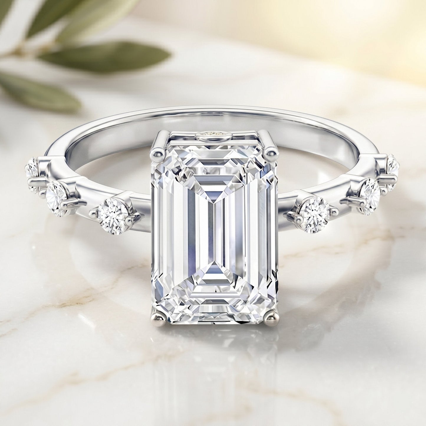 IGI Certified 4 Carat Lab Grown Emerald Cut Diamond Engagement Ring with Spaced Accent