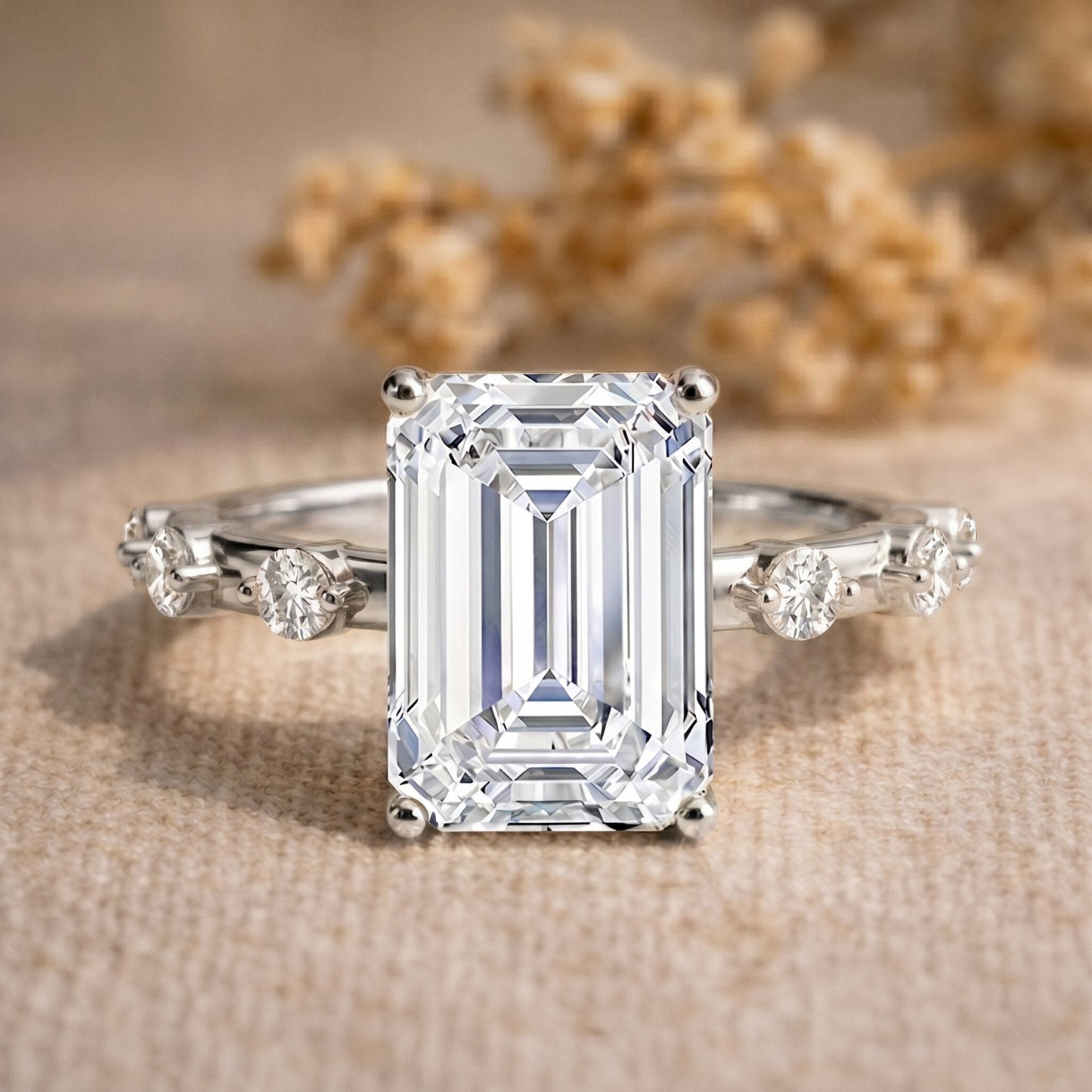 IGI Certified 4 Carat Lab Grown Emerald Cut Diamond Engagement Ring with Spaced Accent