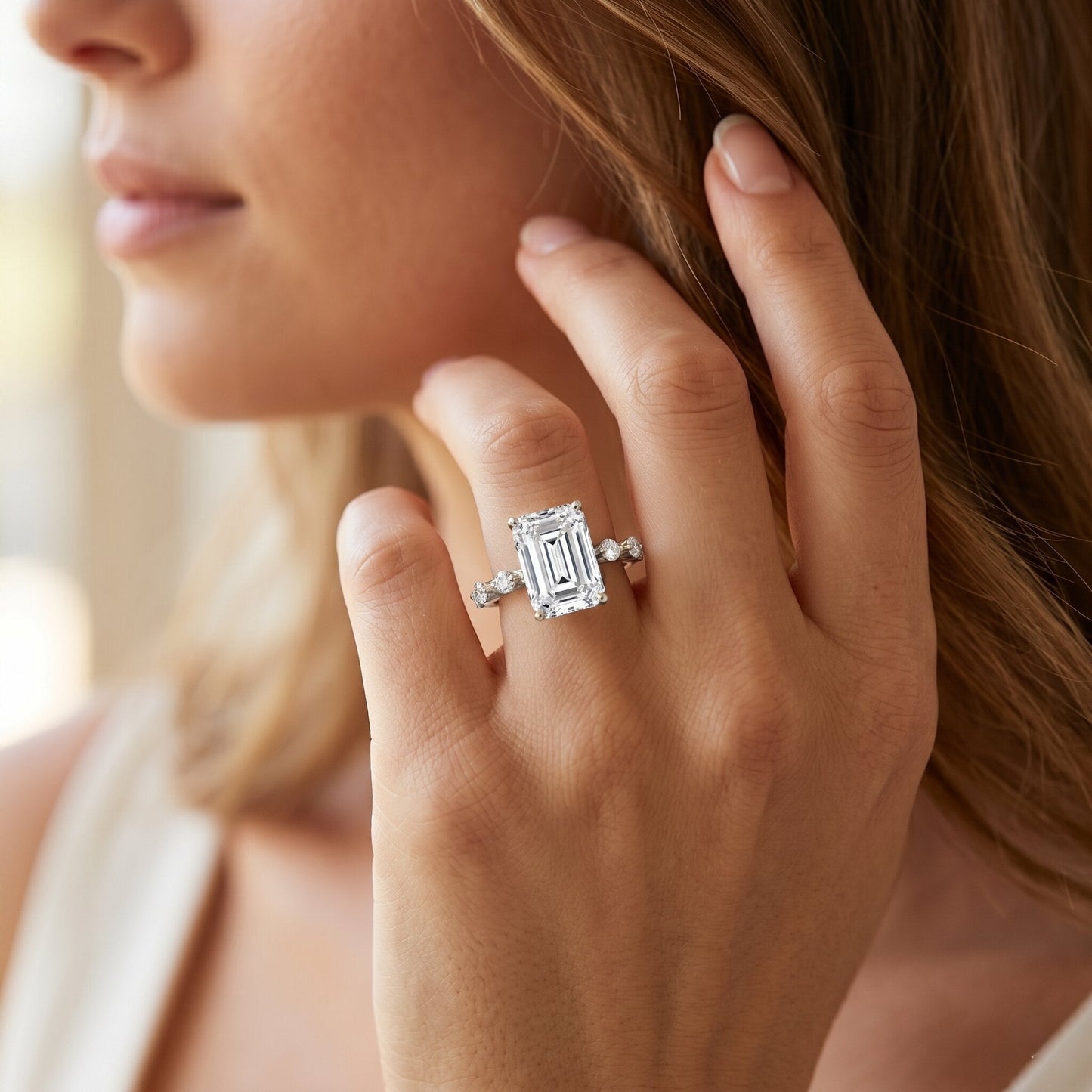IGI Certified 4 Carat Lab Grown Emerald Cut Diamond Engagement Ring with Spaced Accent