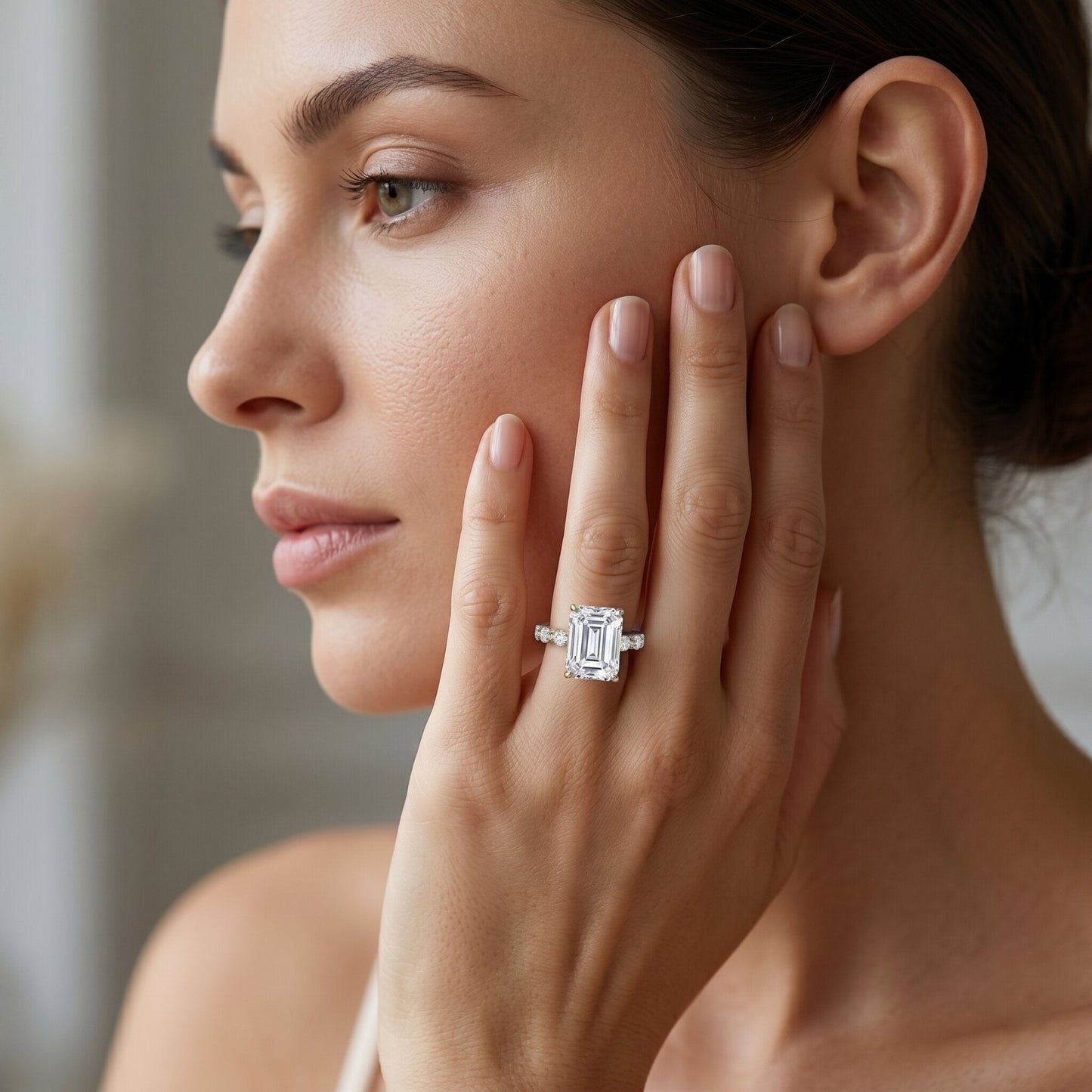 IGI Certified 4 Carat Lab Grown Emerald Cut Diamond Engagement Ring with Spaced Accent