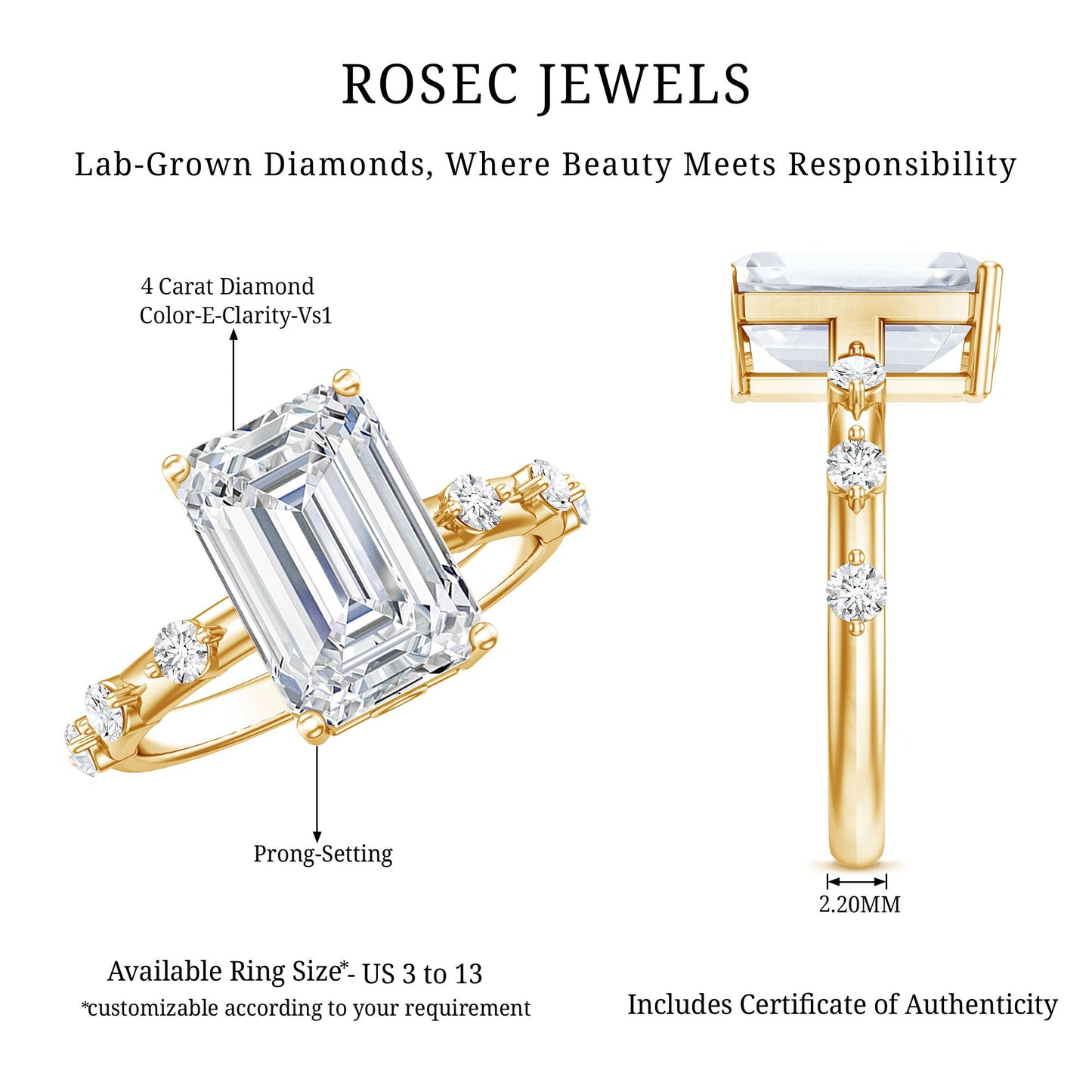 IGI Certified 4 Carat Lab Grown Emerald Cut Diamond Engagement Ring with Spaced Accent