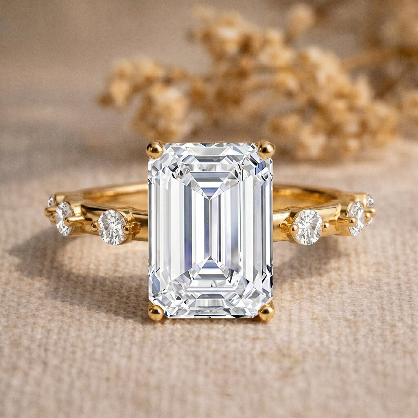 IGI Certified 4 Carat Lab Grown Emerald Cut Diamond Engagement Ring with Spaced Accent