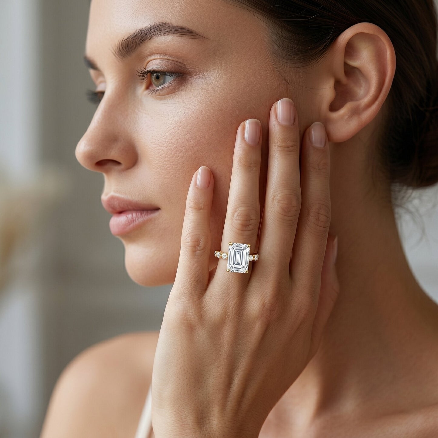 IGI Certified 4 Carat Lab Grown Emerald Cut Diamond Engagement Ring with Spaced Accent