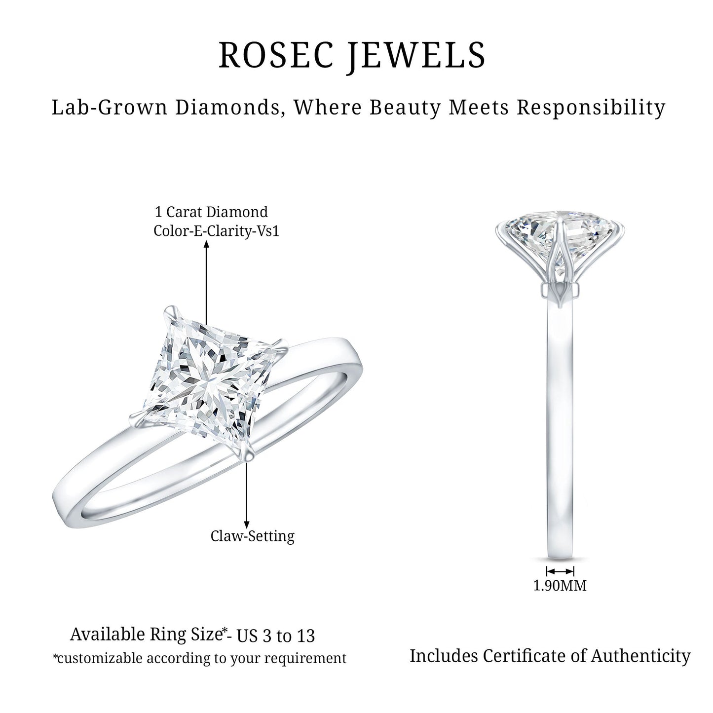 1 Carat Lab Created Diamond Princess Cut Engagement Ring IGI Certified