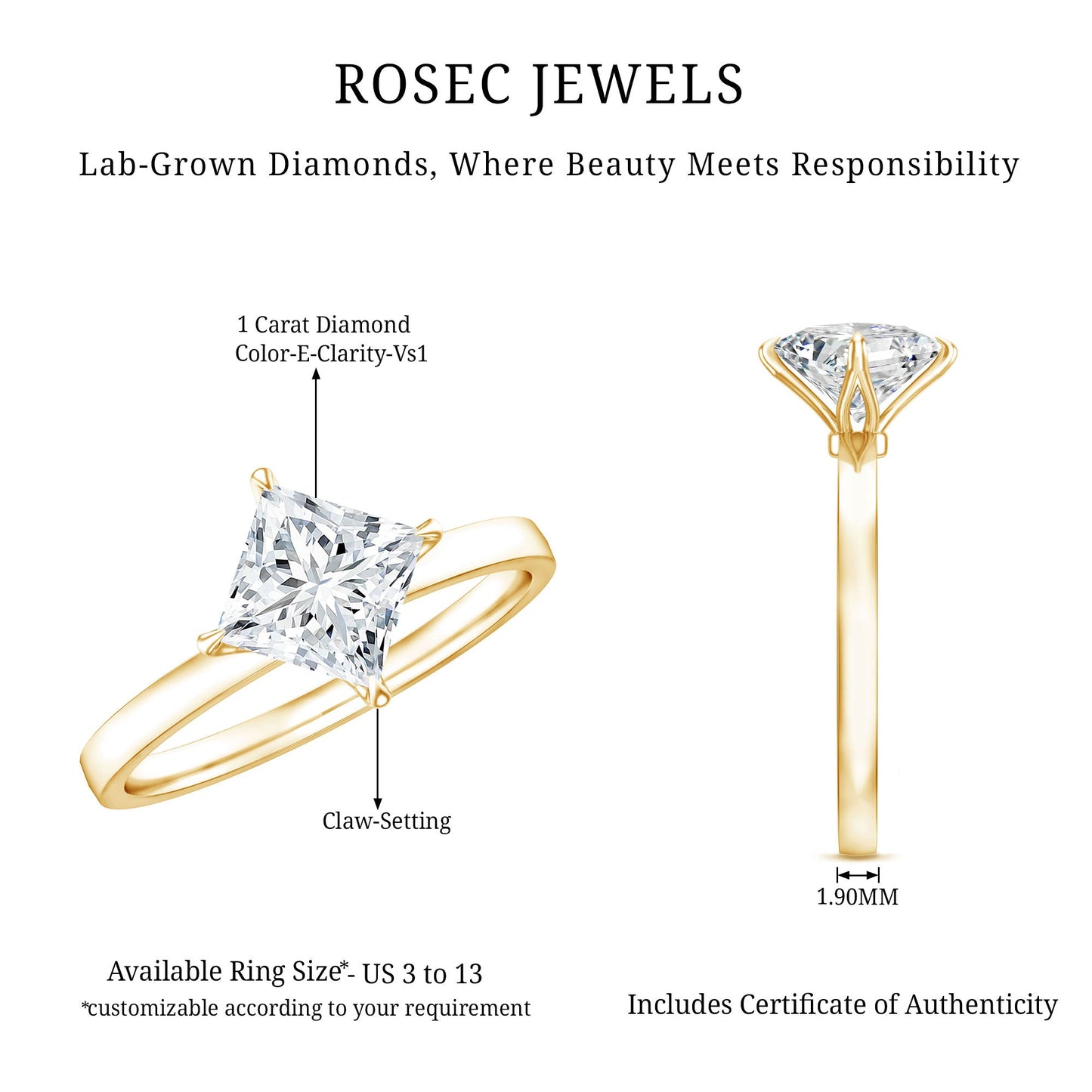1 Carat Lab Created Diamond Princess Cut Engagement Ring IGI Certified