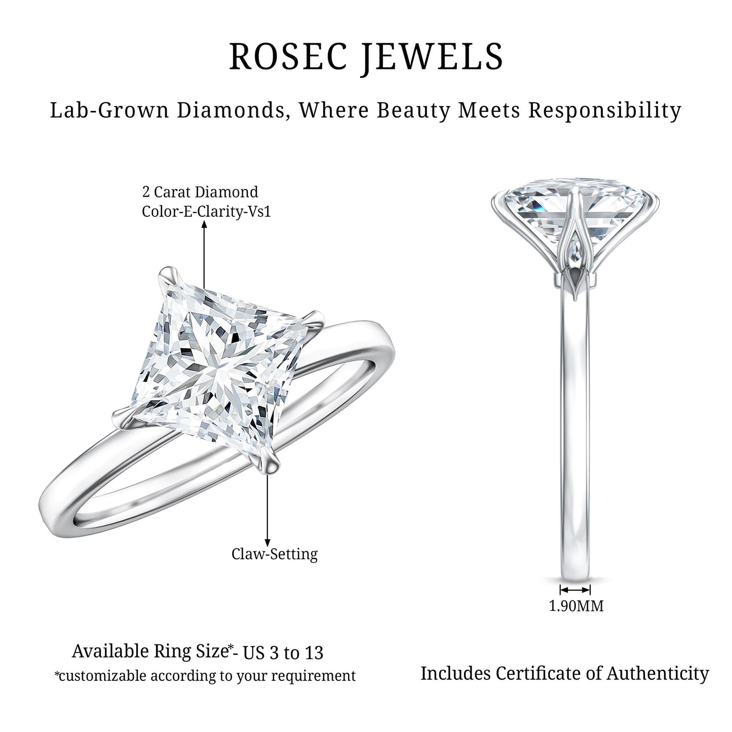 Solitaire 2 Carat Lab Grown Diamond Princess Cut Engagement Ring IGI Certified