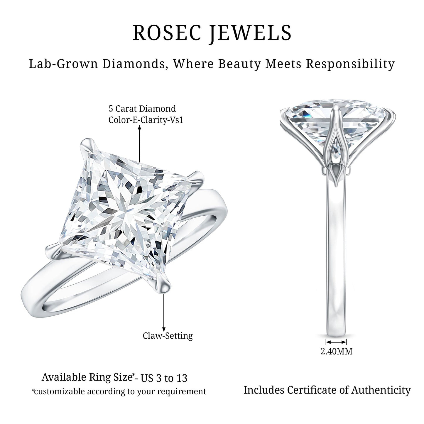 Solitaire 5 Carat Princess Cut Lab Grown Diamond Huge Engagement Ring with IGI Certificate