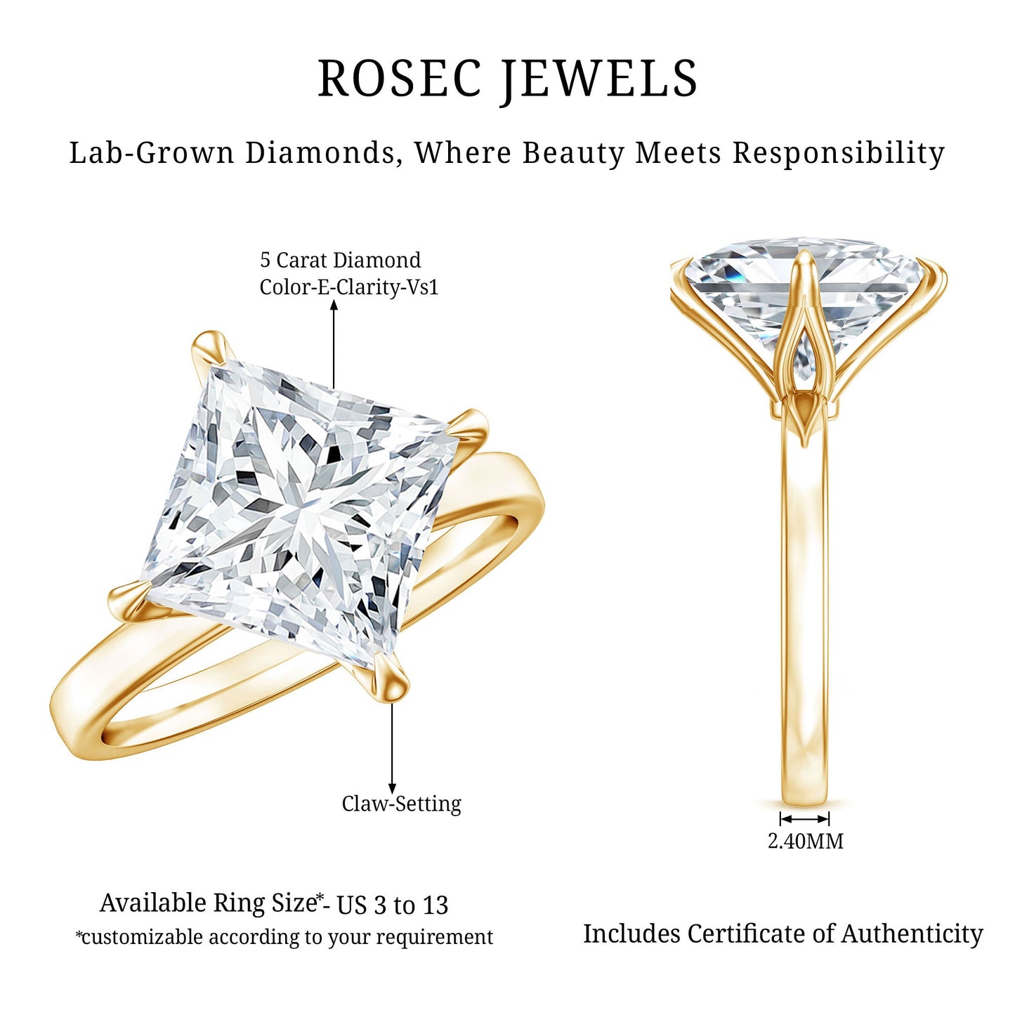 Solitaire 5 Carat Princess Cut Lab Grown Diamond Huge Engagement Ring with IGI Certificate
