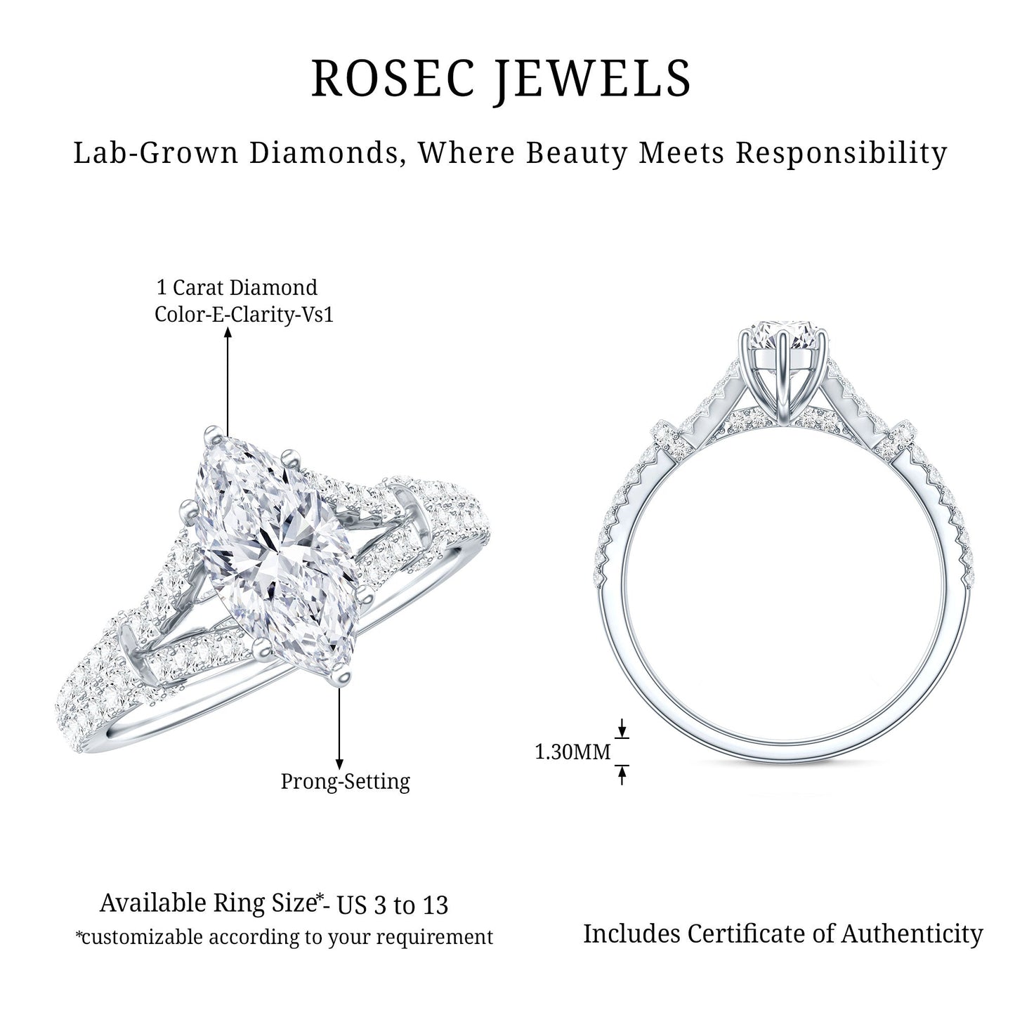 1 Carat Marquise Cut Lab Grown Diamond Split Shank Engagement Ring with IGI Certificate
