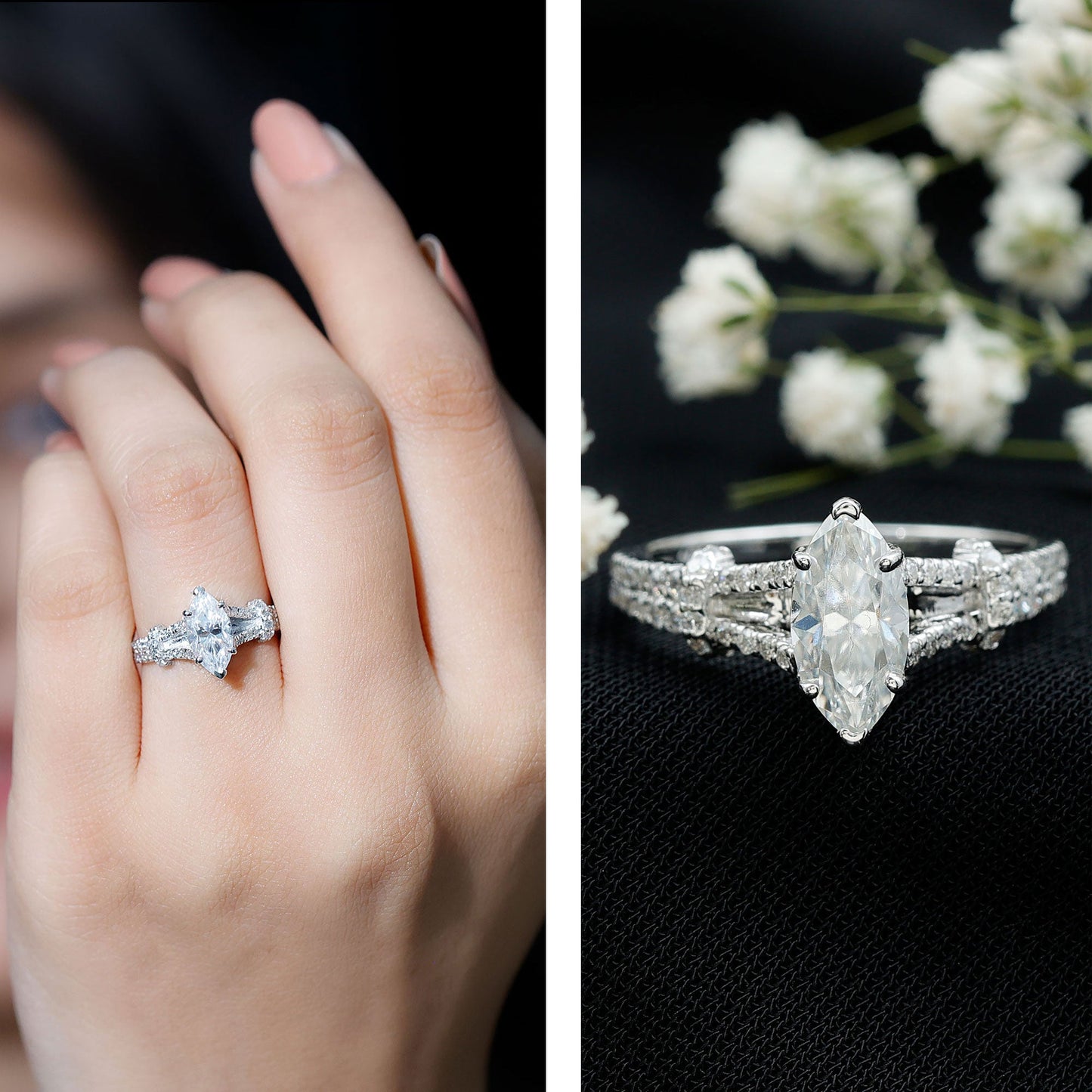 1 Carat Marquise Cut Lab Grown Diamond Split Shank Engagement Ring with IGI Certificate