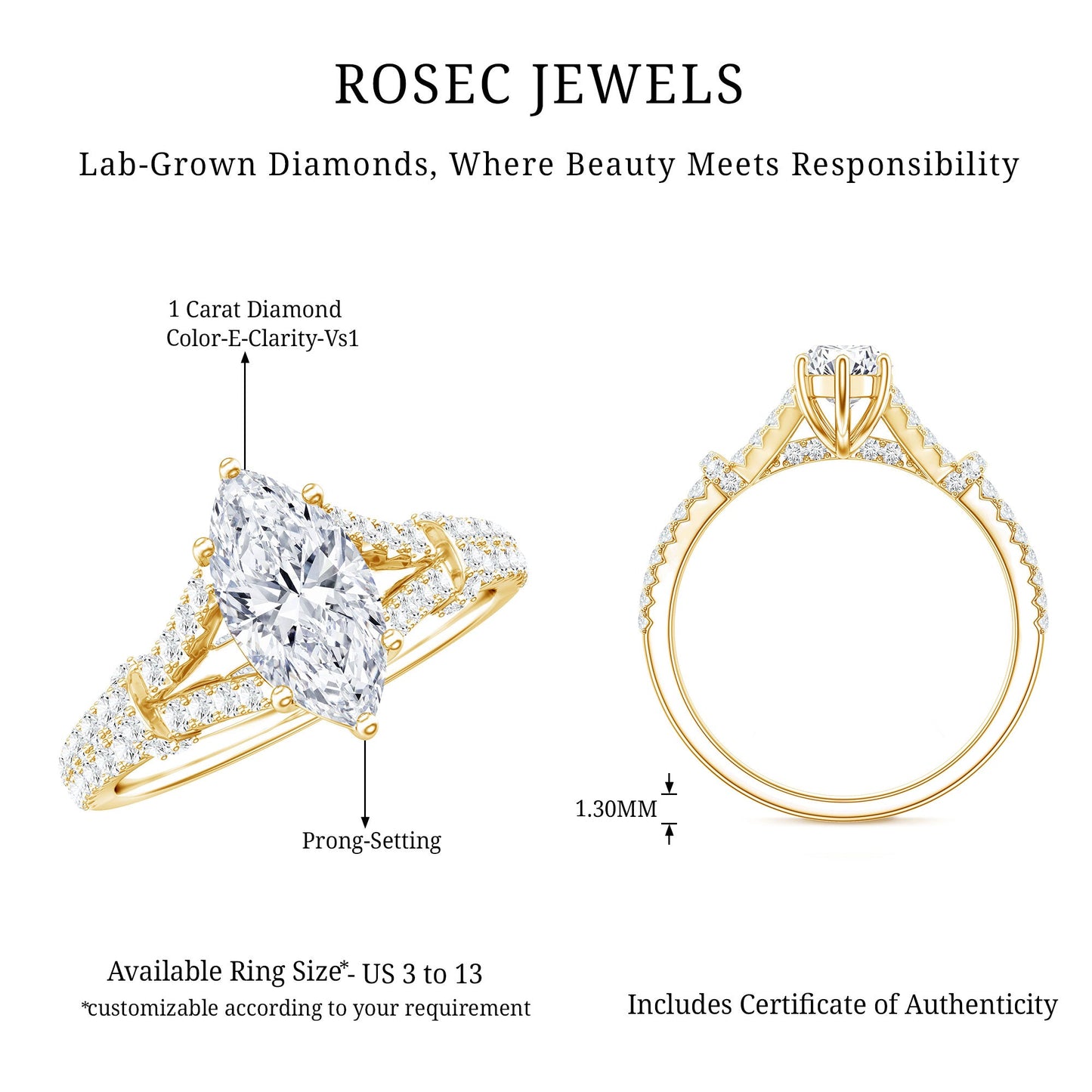 1 Carat Marquise Cut Lab Grown Diamond Split Shank Engagement Ring with IGI Certificate