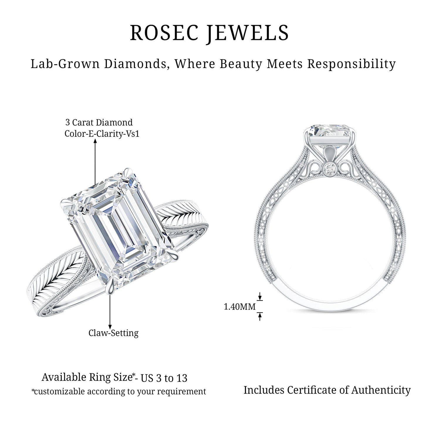 Ethically Sourced 3 Carat Lab Grown Diamond Emerald Cut Engagement Ring IGI Certified
