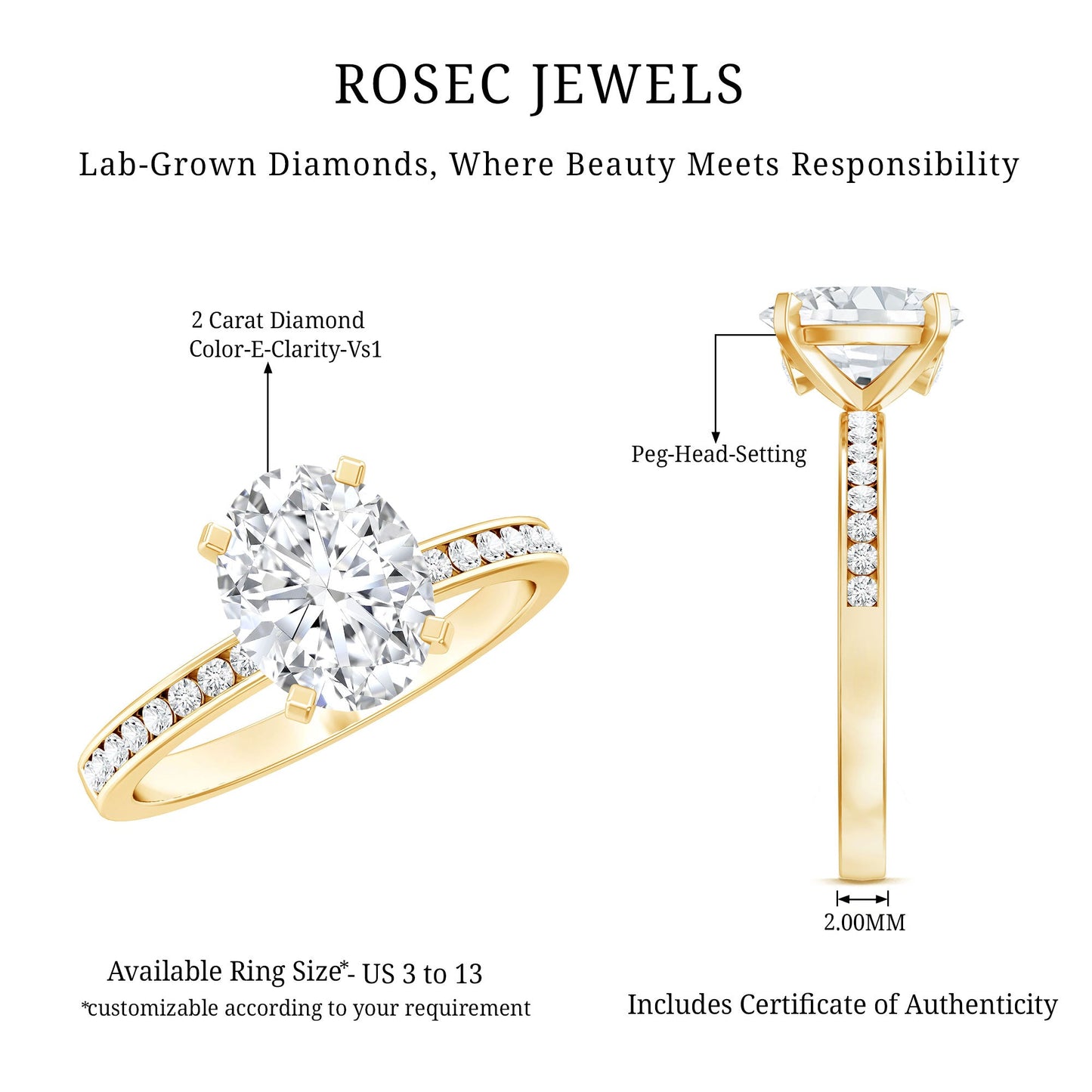 IGI Certified 2 Carat Lab Grown Diamond Oval Engagement Ring With Side Stones