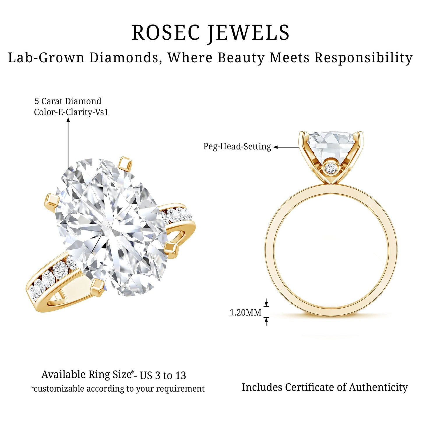 Oval Cut 5 Carat Lab Grown Diamond Big Engagement Ring with IGI Certificate