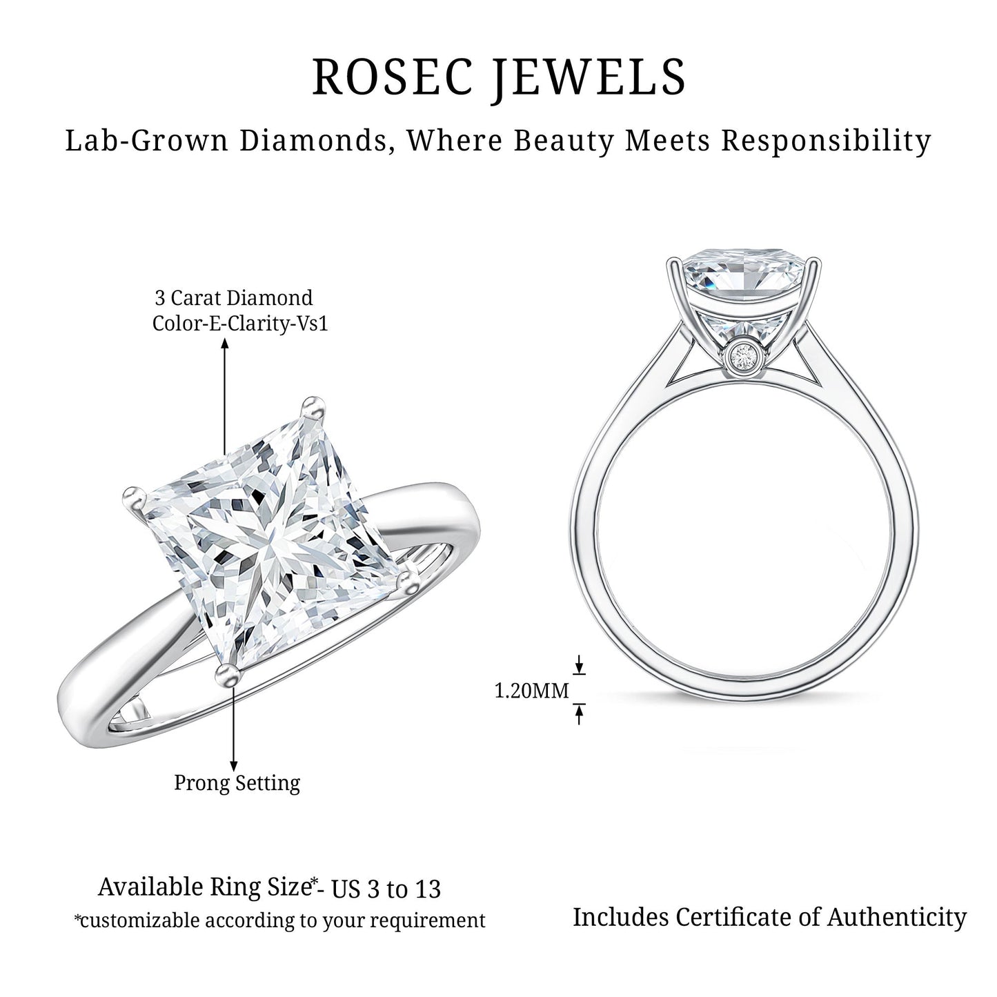 IGI Certified Lab Grown 3 Carat Diamond Princess Cut Engagement Ring Solitaire