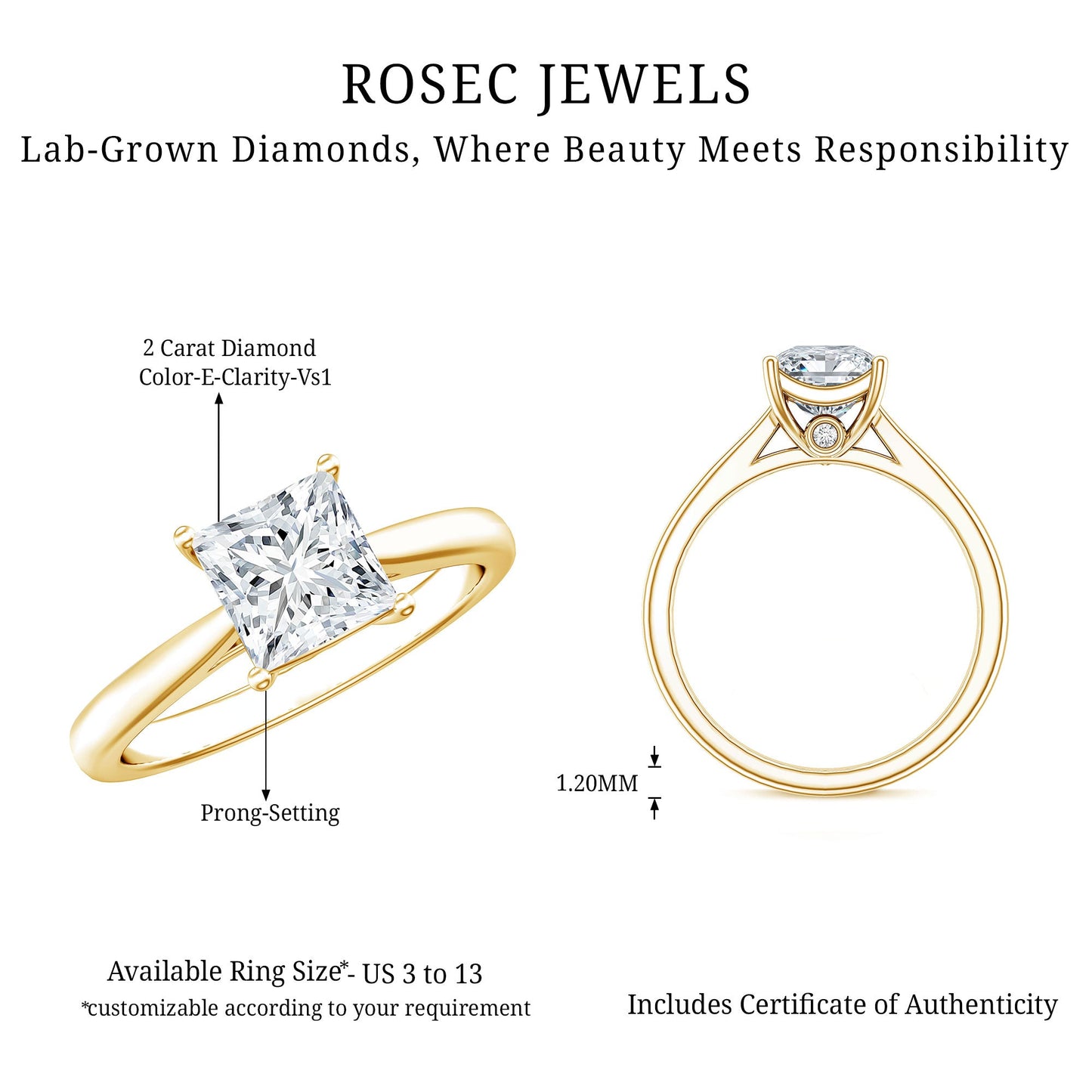 Solitaire 1 Carat Princess Cut Lab Grown Diamond Engagement Ring with IGI Certificate