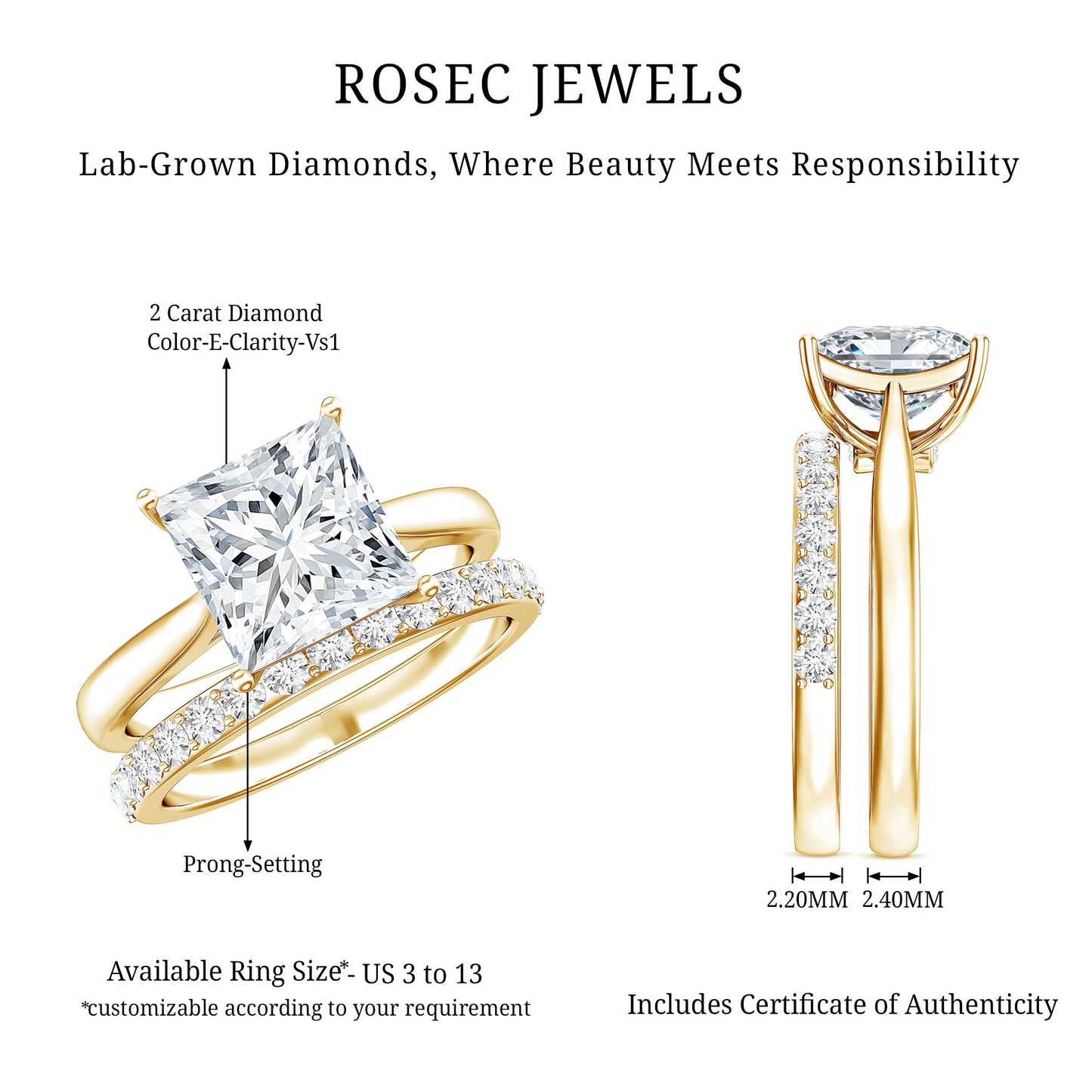 IGI Certified 2 Carat Lab Grown Diamond Princess Cut Engagement Ring With Wedding Band