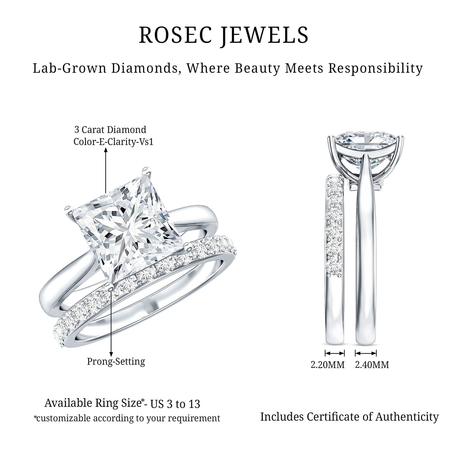 IGI Certified 3 Carat Lab Grown Diamond Princess Cut Wedding Ring Set for Women