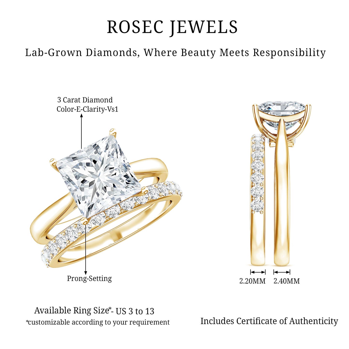 IGI Certified 3 Carat Lab Grown Diamond Princess Cut Wedding Ring Set for Women