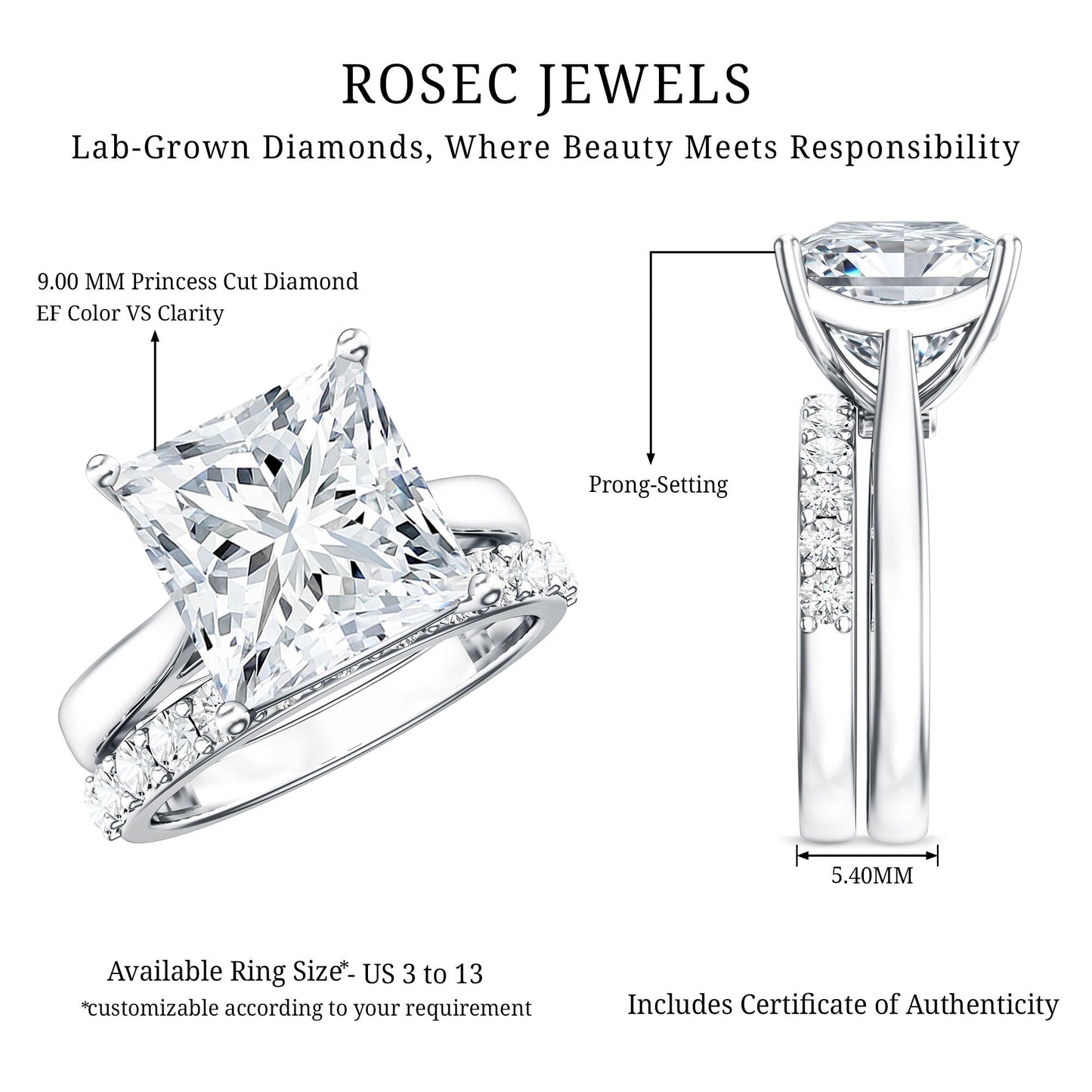 IGI Certified 4 Carat Princess Cut Lab Grown Diamond Solitaire Wedding Ring Set