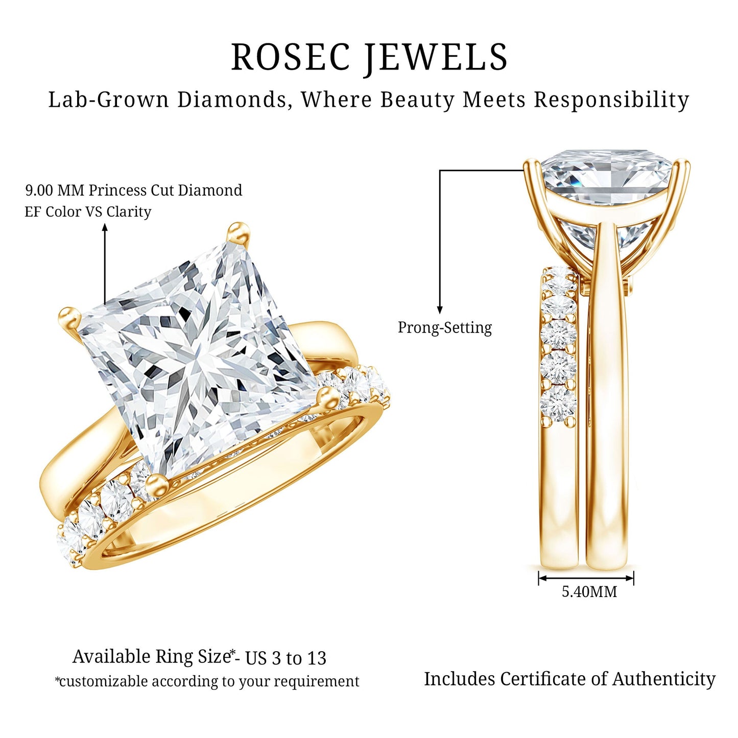 IGI Certified 4 Carat Princess Cut Lab Grown Diamond Solitaire Wedding Ring Set