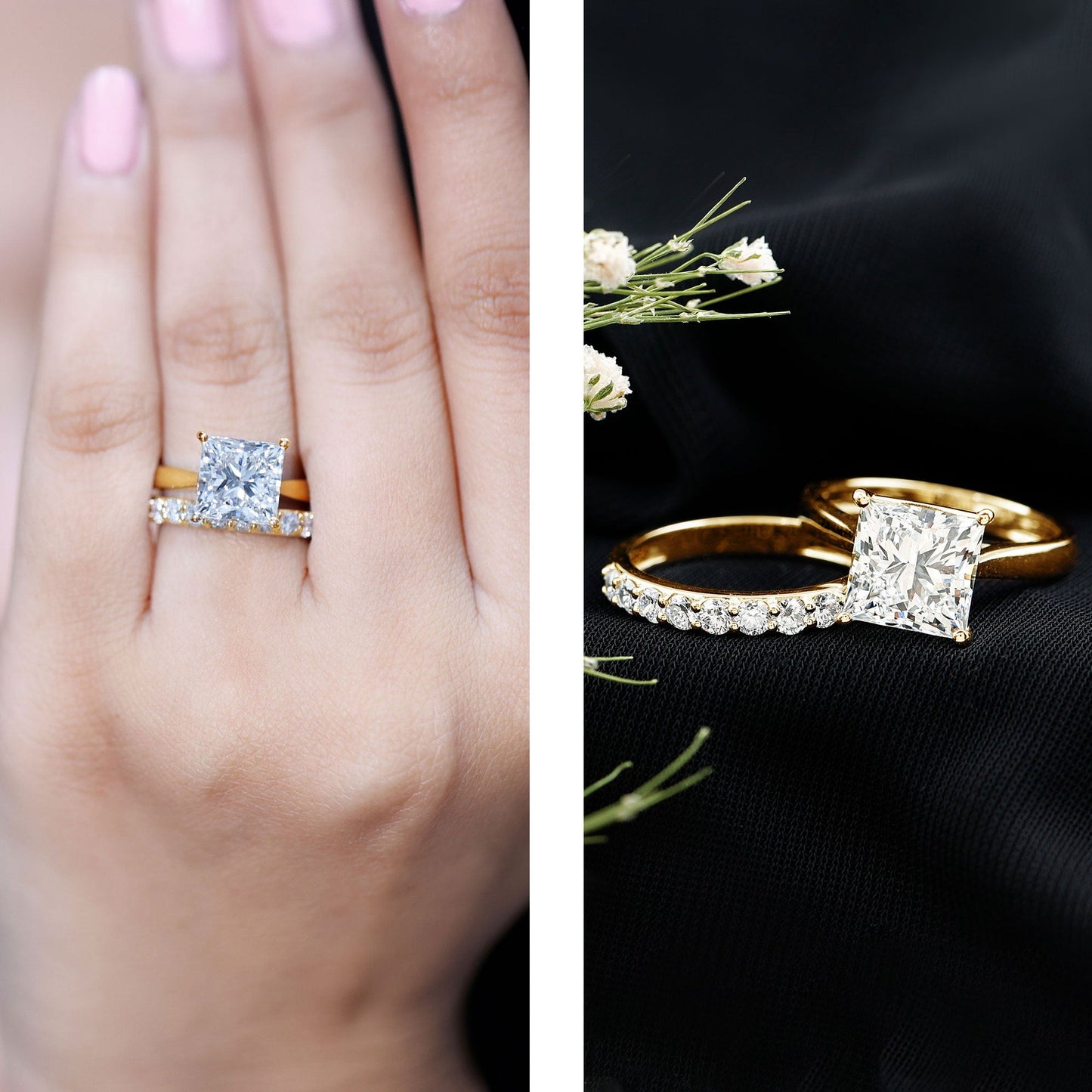IGI Certified 4 Carat Princess Cut Lab Grown Diamond Solitaire Wedding Ring Set