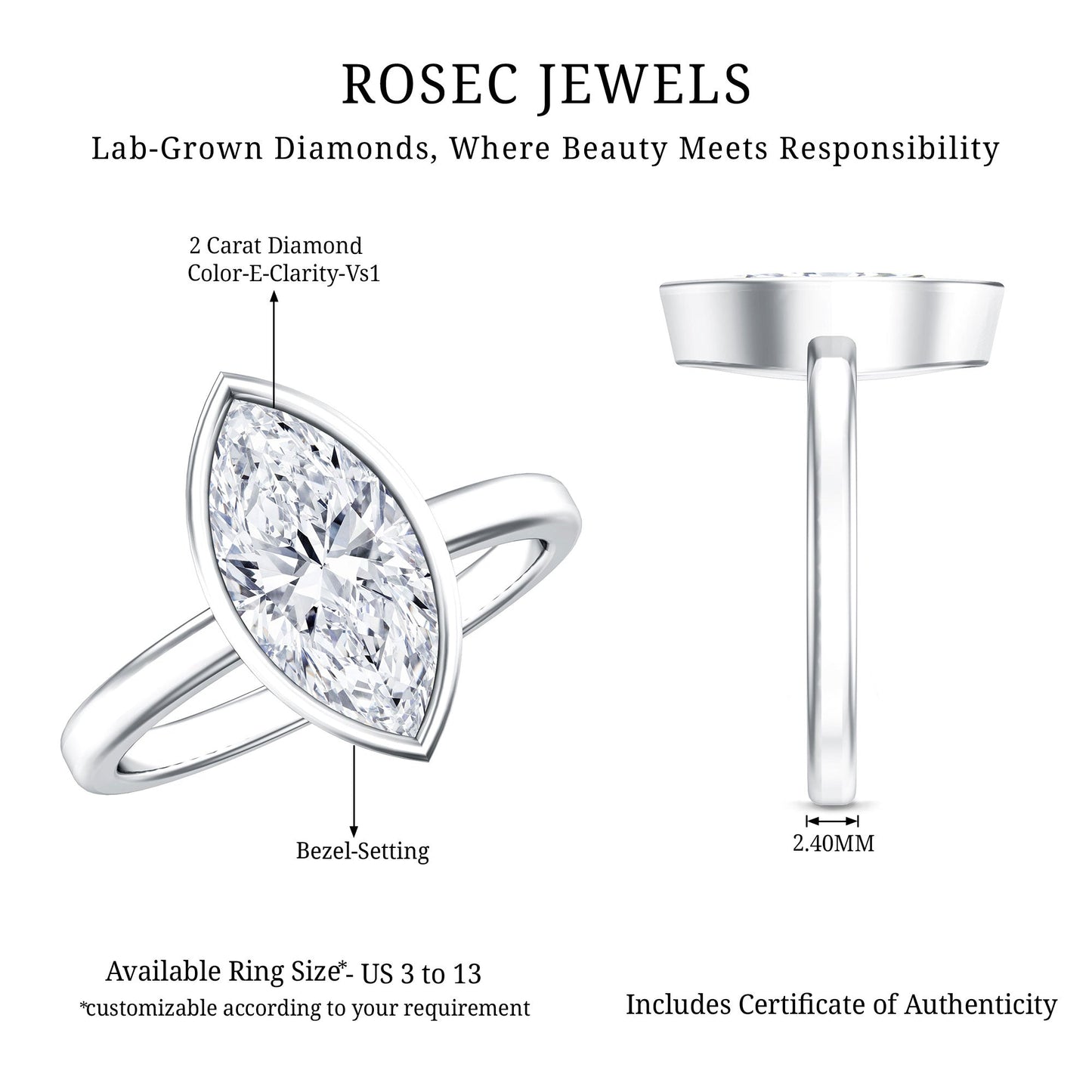 IGI Certified 2 Carat Lab Grown Diamond Marquise Ring For Engagement