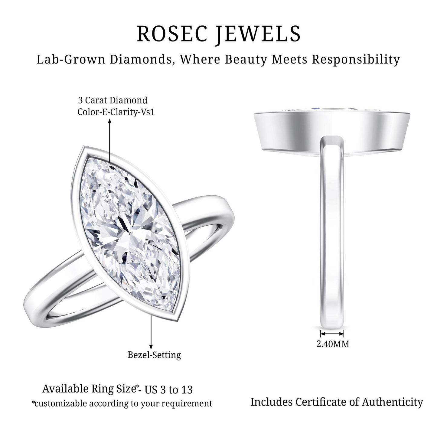 IGI Certified 3 Carat Solitaire Lab Grown Diamond Marquise Cut Engagement Ring