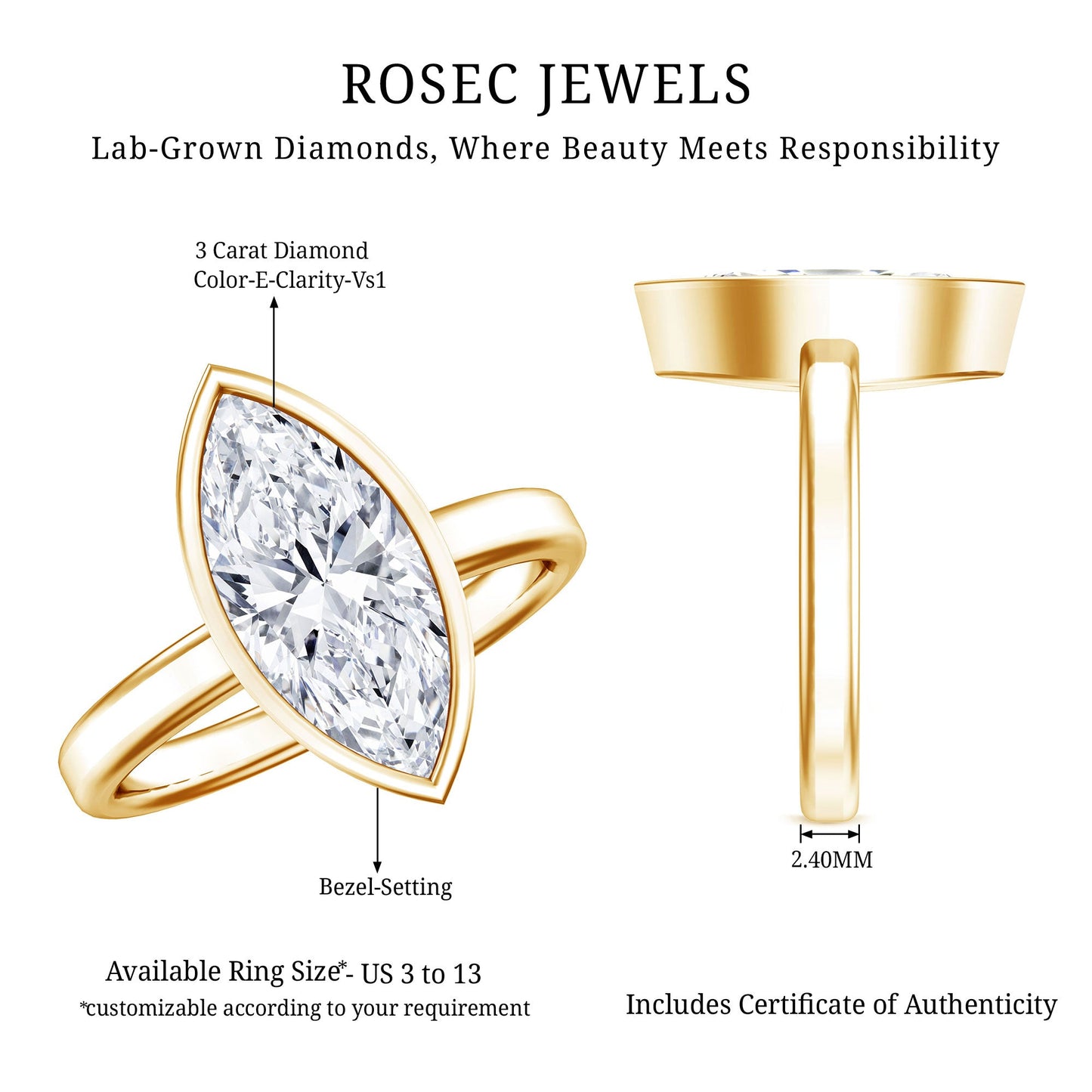 IGI Certified 3 Carat Solitaire Lab Grown Diamond Marquise Cut Engagement Ring