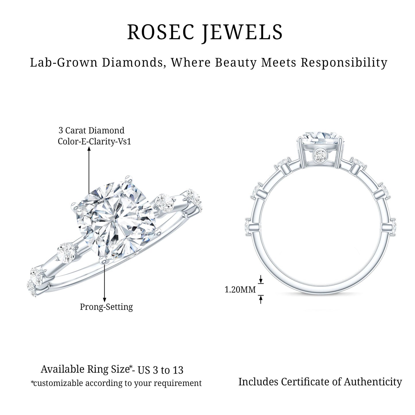 3 Carat IGI Certified Lab Grown Diamond Cushion Cut Engagement Ring for Women