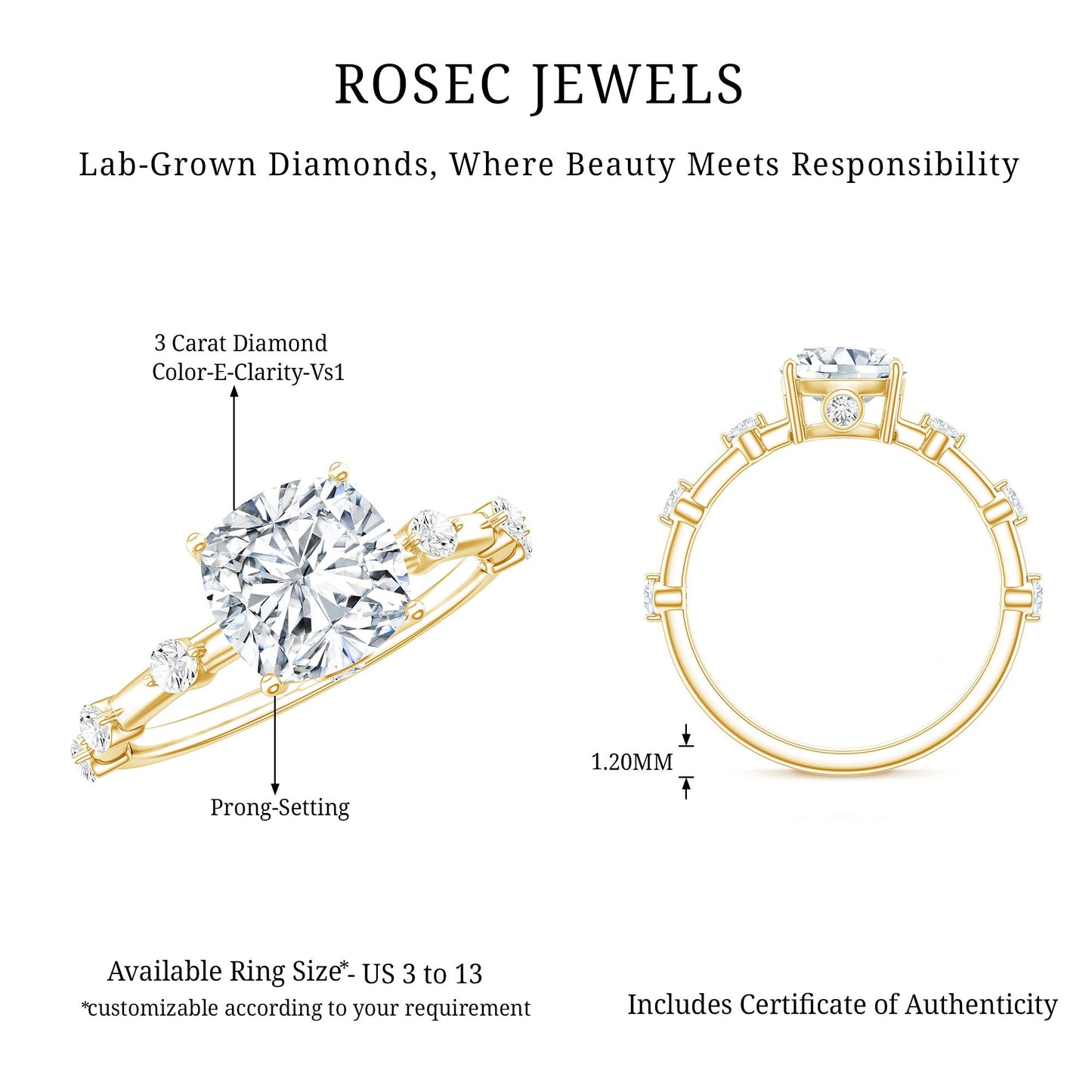 3 Carat IGI Certified Lab Grown Diamond Cushion Cut Engagement Ring for Women
