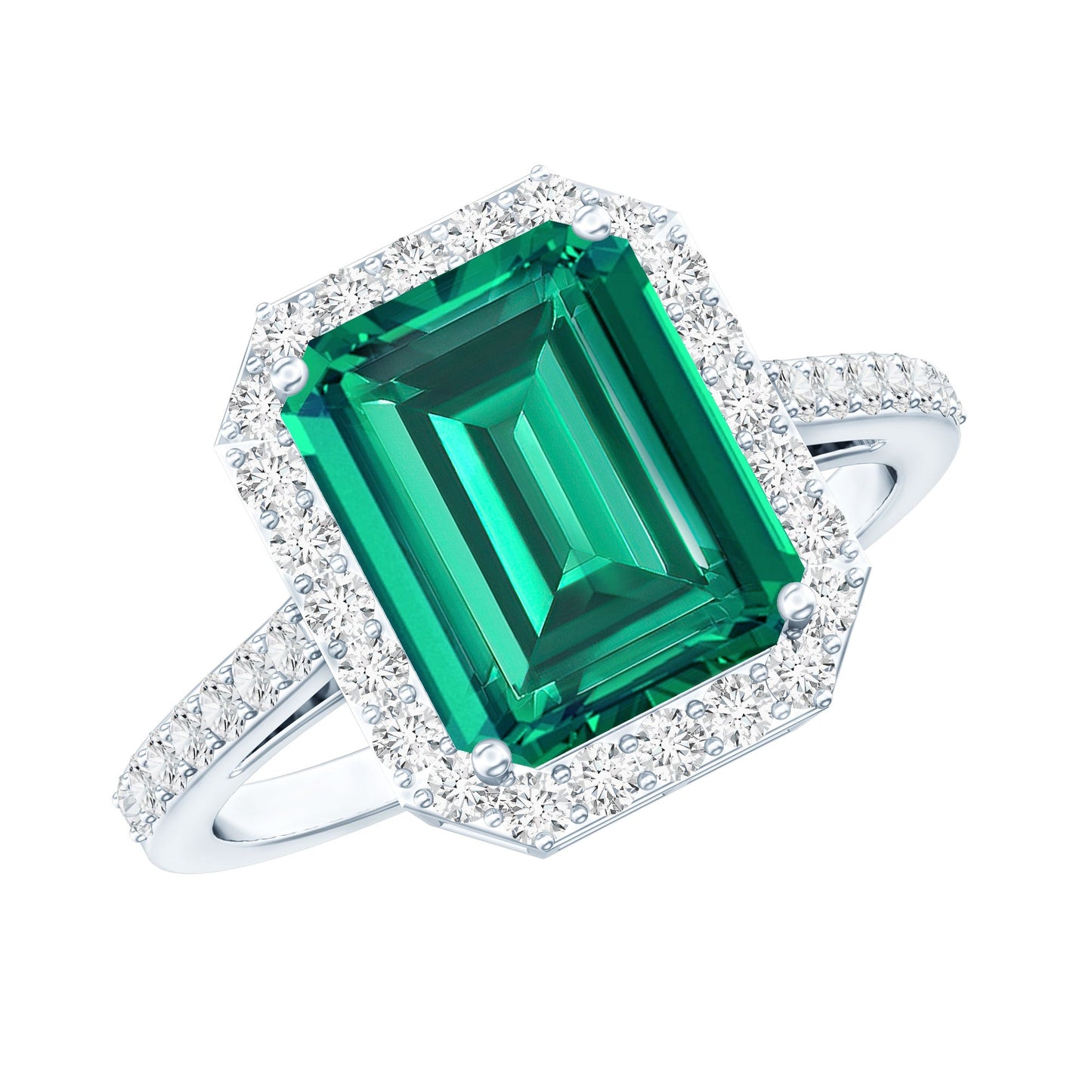 Lab Grown 3 Carat Emerald Cut Emerald Engagement Ring with Diamond Halo
