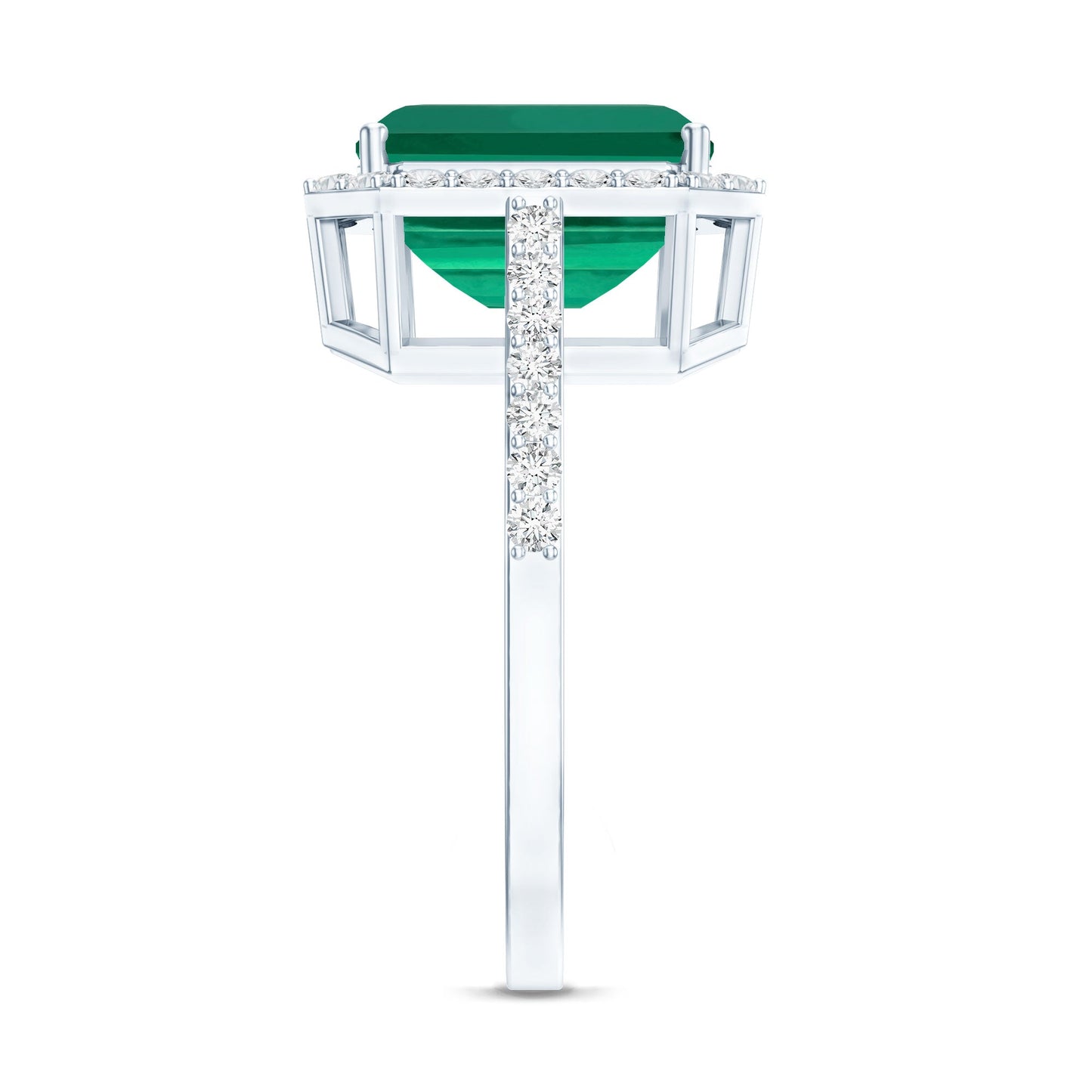 Lab Grown 3 Carat Emerald Cut Emerald Engagement Ring with Diamond Halo