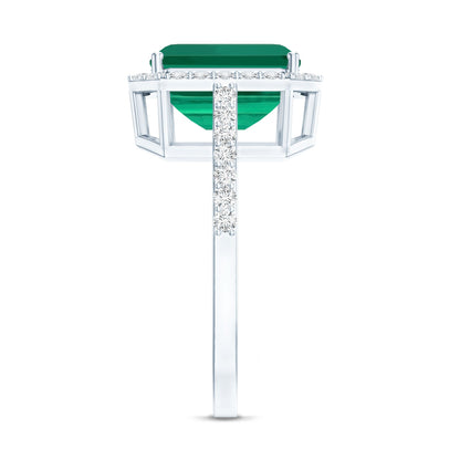 Lab Grown 3 Carat Emerald Cut Emerald Engagement Ring with Diamond Halo