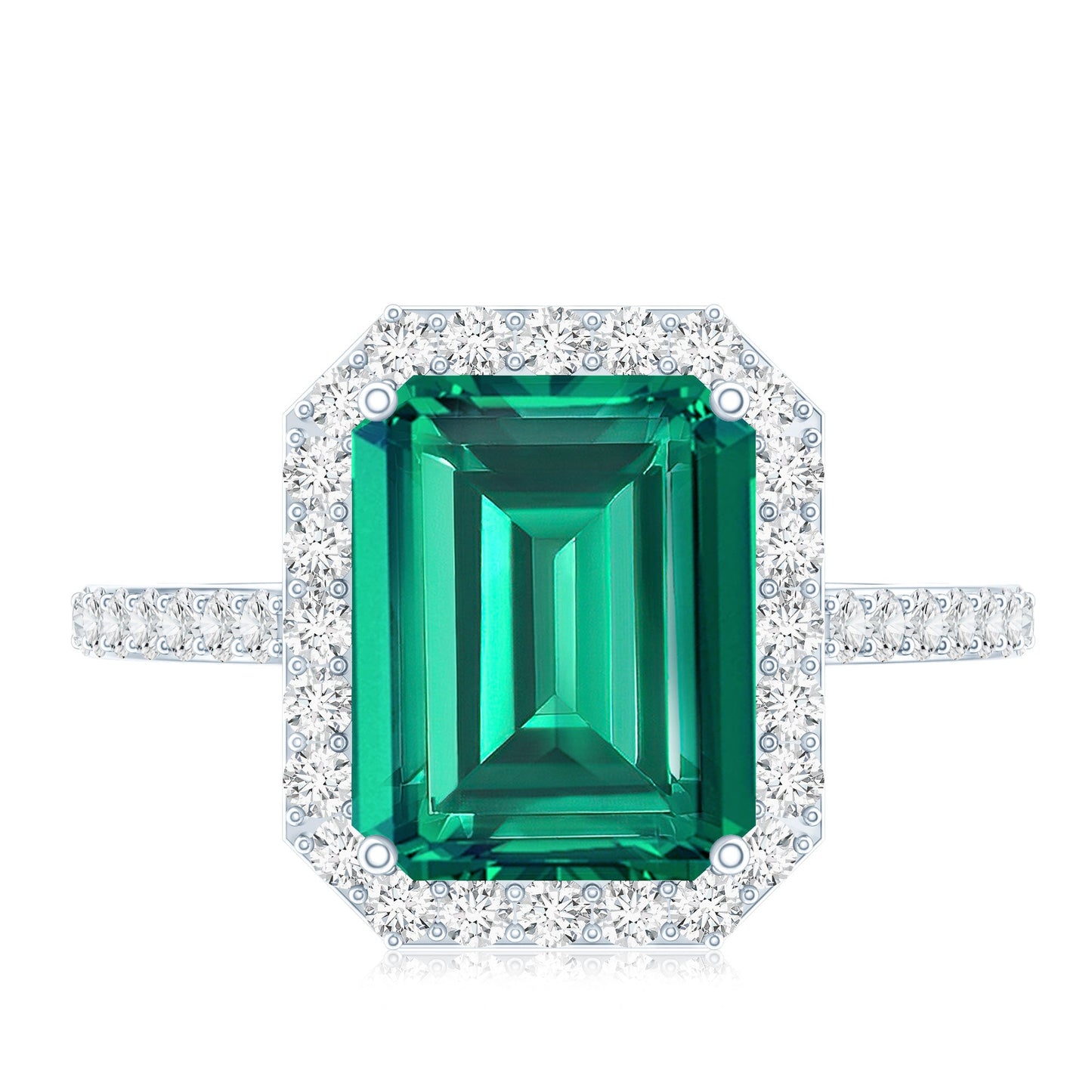 Lab Grown 3 Carat Emerald Cut Emerald Engagement Ring with Diamond Halo