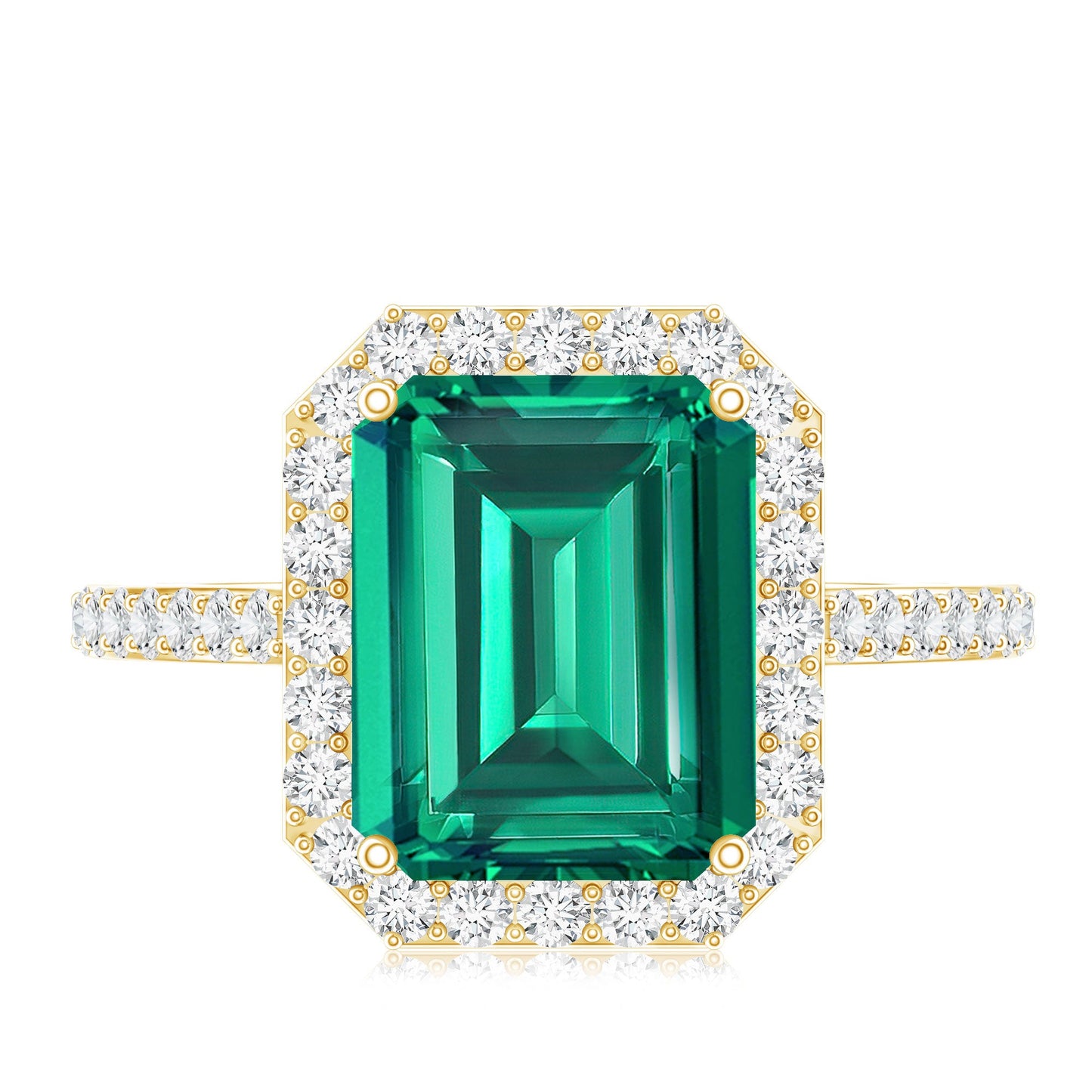 Lab Grown 3 Carat Emerald Cut Emerald Engagement Ring with Diamond Halo