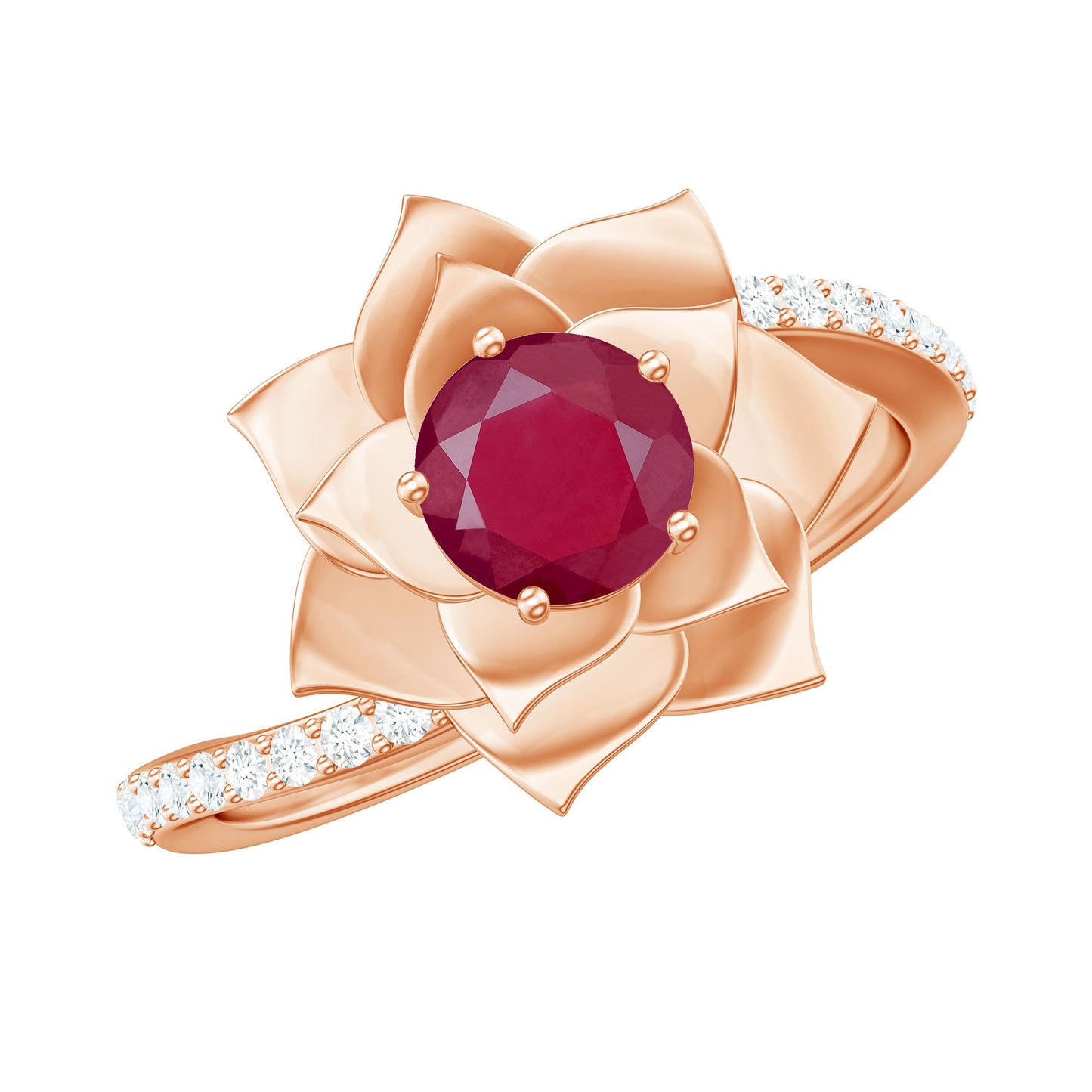 Natural 0.6 Carat Ruby Flower Engagement Ring with Diamond Bypass Shank