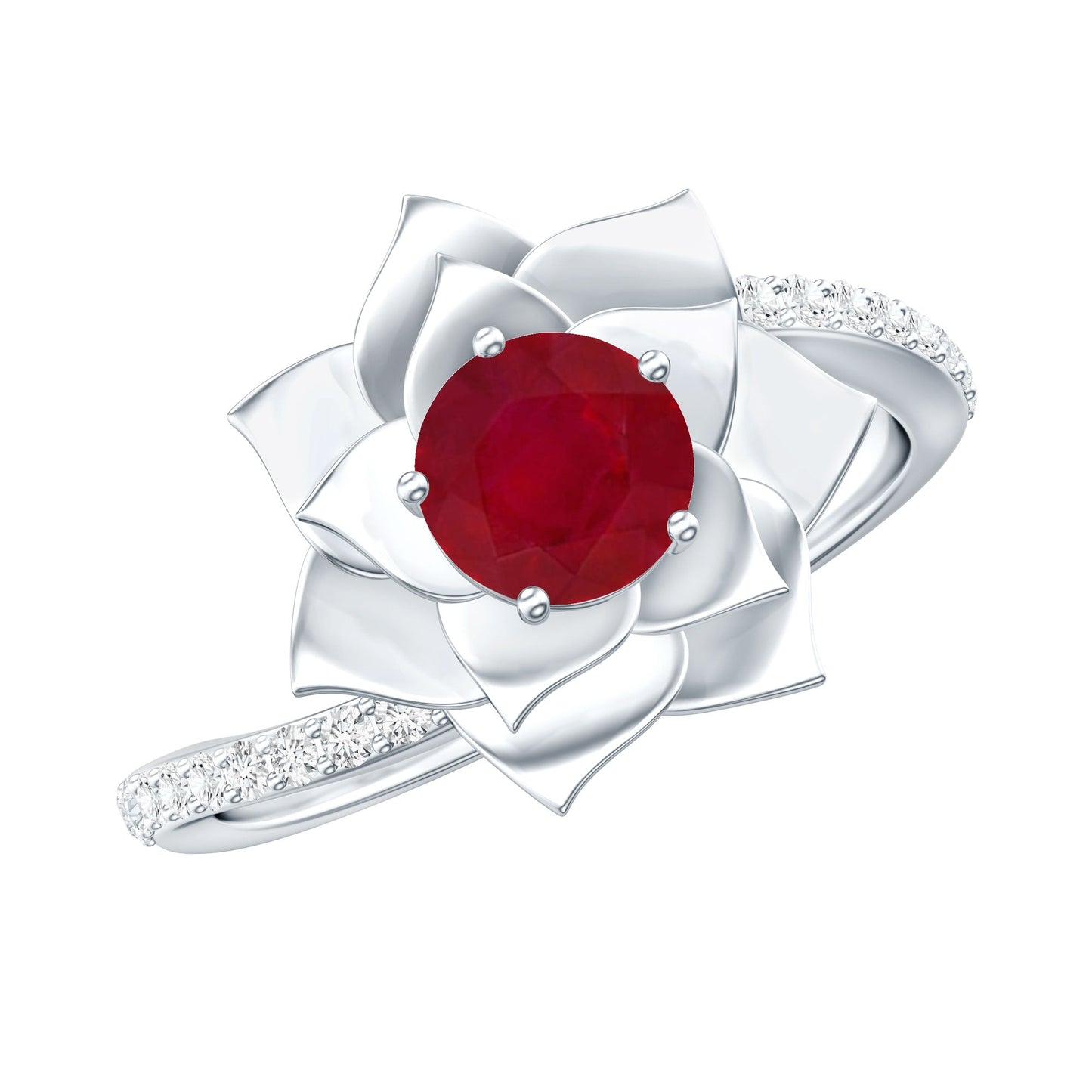 Natural 0.6 Carat Ruby Flower Engagement Ring with Diamond Bypass Shank