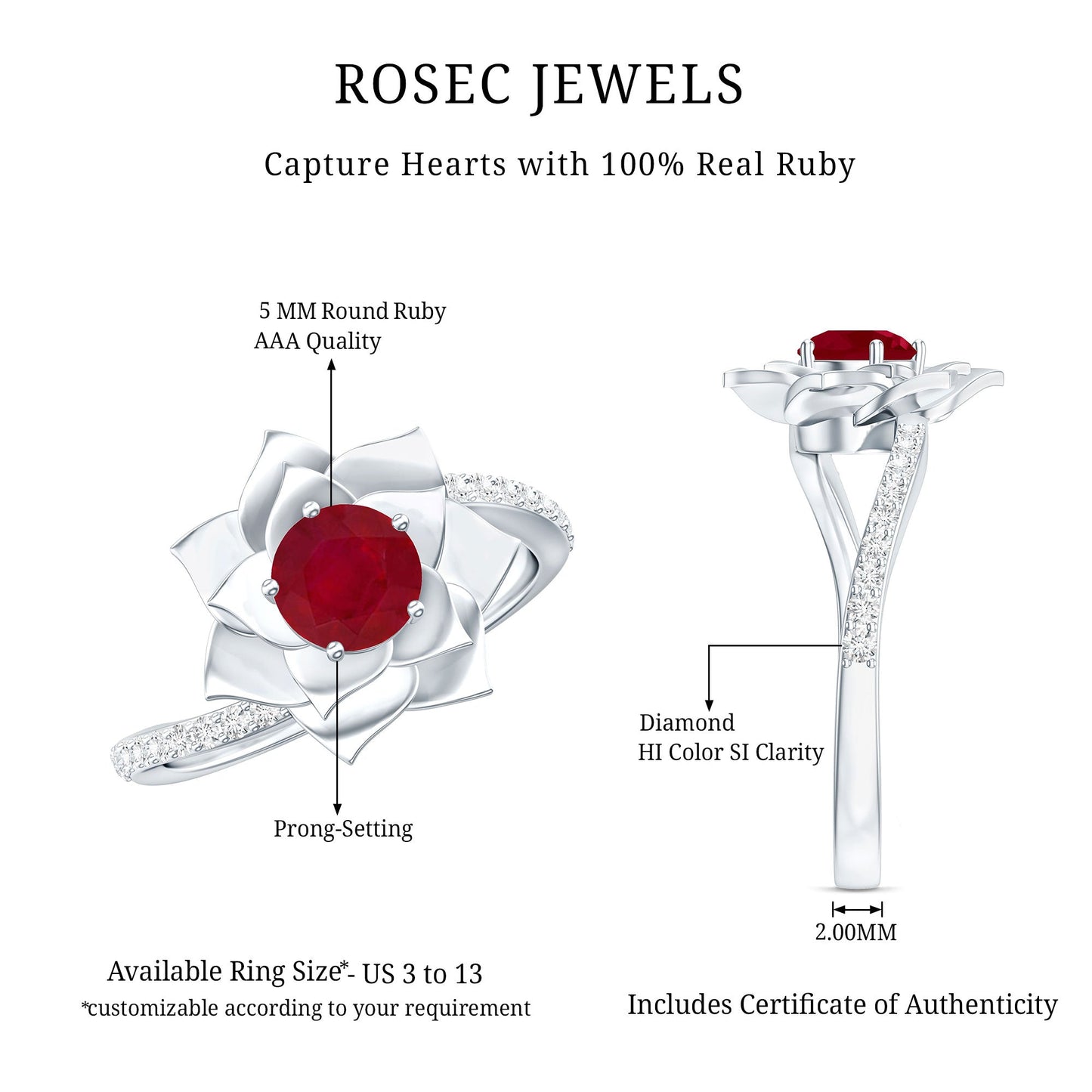 Natural 0.6 Carat Ruby Flower Engagement Ring with Diamond Bypass Shank