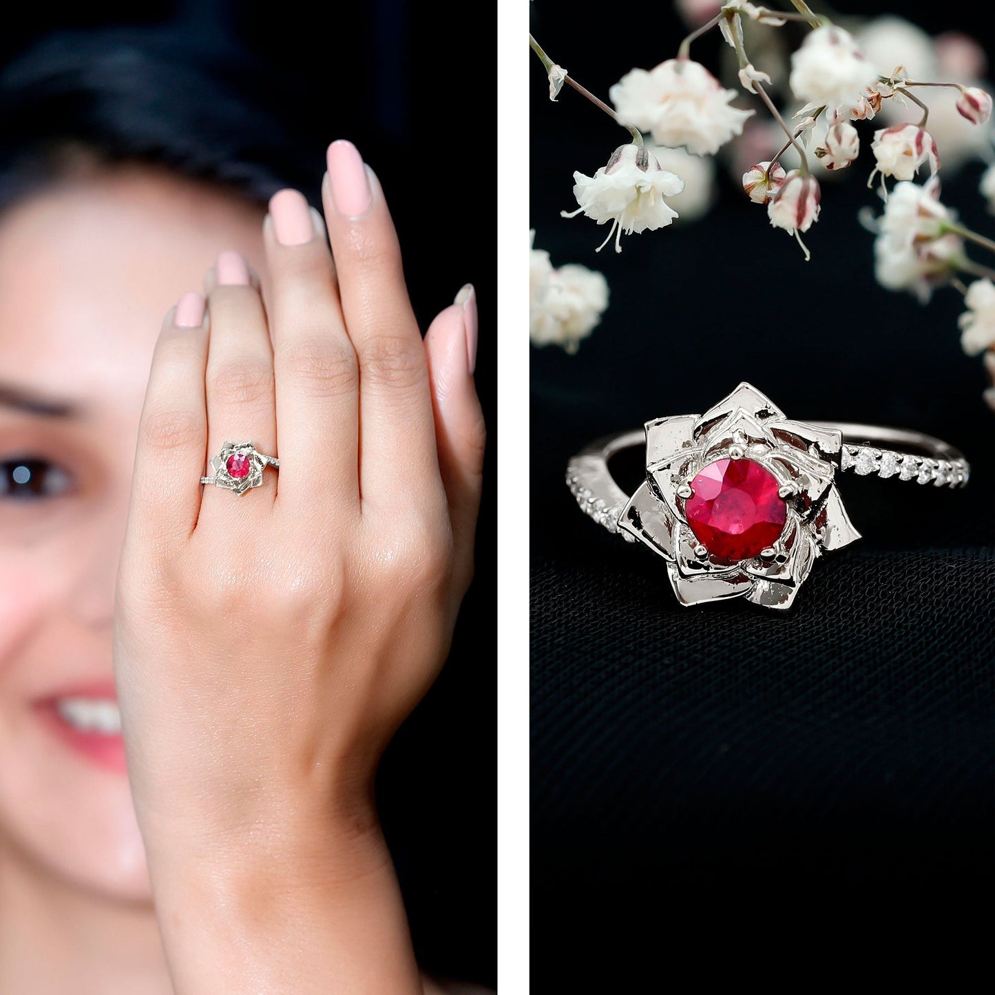 Natural 0.6 Carat Ruby Flower Engagement Ring with Diamond Bypass Shank